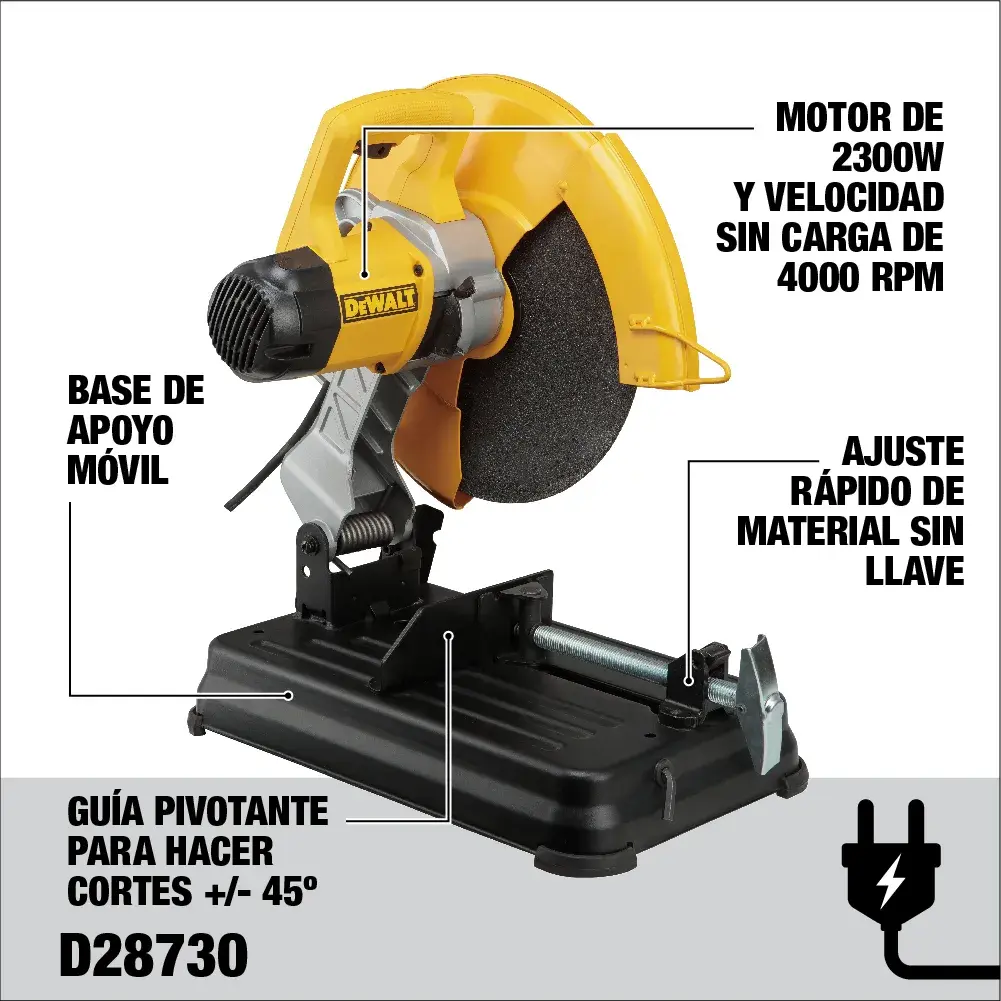Imagen de una sierra de corte de metal DEWALT D28730 en colores amarillo y negro, con características destacadas como motor de 2300W y velocidad sin carga de 4000 RPM, base de apoyo móvil, ajuste rápido de material sin llave y guía pivotante para cortes de +/- 45 grados.