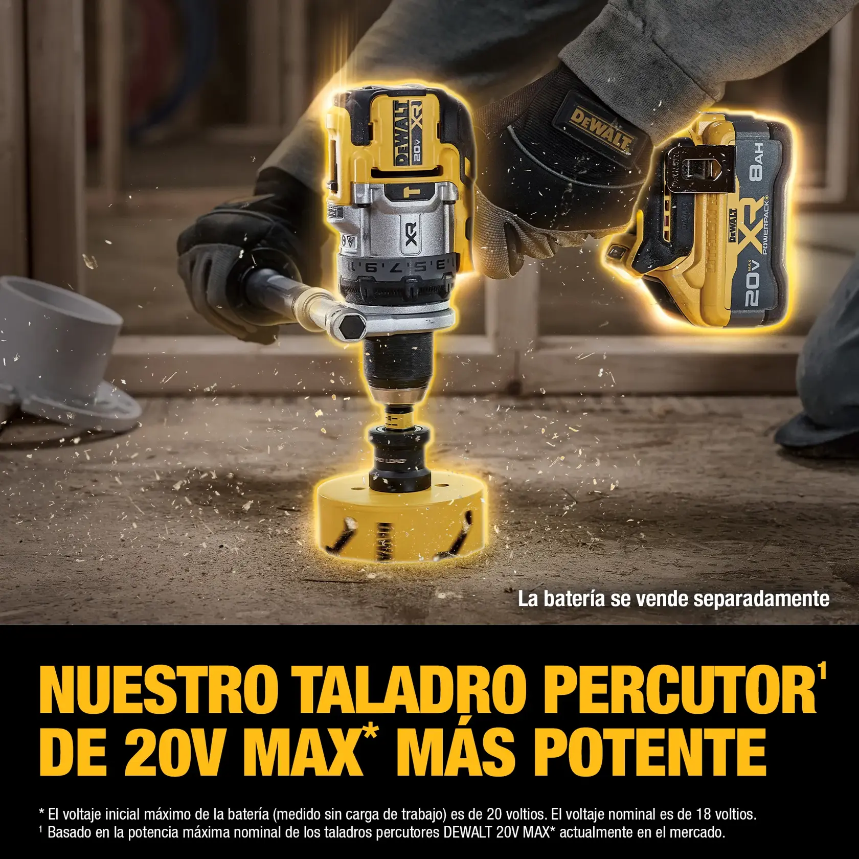Taladro percutor 20V MAX DEWALT, SKUs DCD1007B-B3, DCD1007B. Batería se vende por separado.