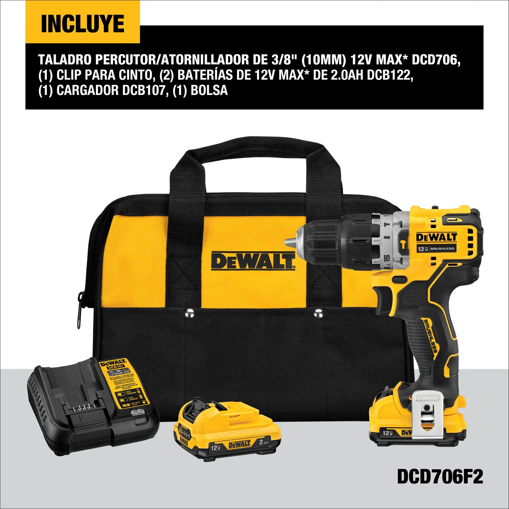Imagen que muestra un kit de herramientas DEWALT, incluyendo un taladro percutor/atornillador 12V MAX* inalámbrico (modelo DCD706), dos baterías 12V MAX* de 2.0Ah (DCB122), un clip para cinto, un cargador (DCB107) y una bolsa de transporte negra y amarilla DEWALT. Los productos y sus características están listados en español en la parte superior de la imagen.