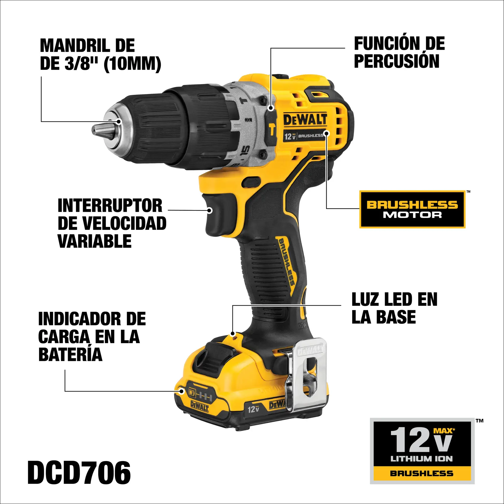 Gráfico que muestra un taladro inalámbrico DEWALT DCD706F2 12V con características etiquetadas en español: mandril de 3/8'' (10 mm), función de percusión, interruptor de velocidad variable, indicador de carga en la batería, luz LED en la base y motor sin escobillas. El taladro es amarillo y negro con el logotipo visible. También se muestra la etiqueta '12V Max Lithium Ion Brushless'.