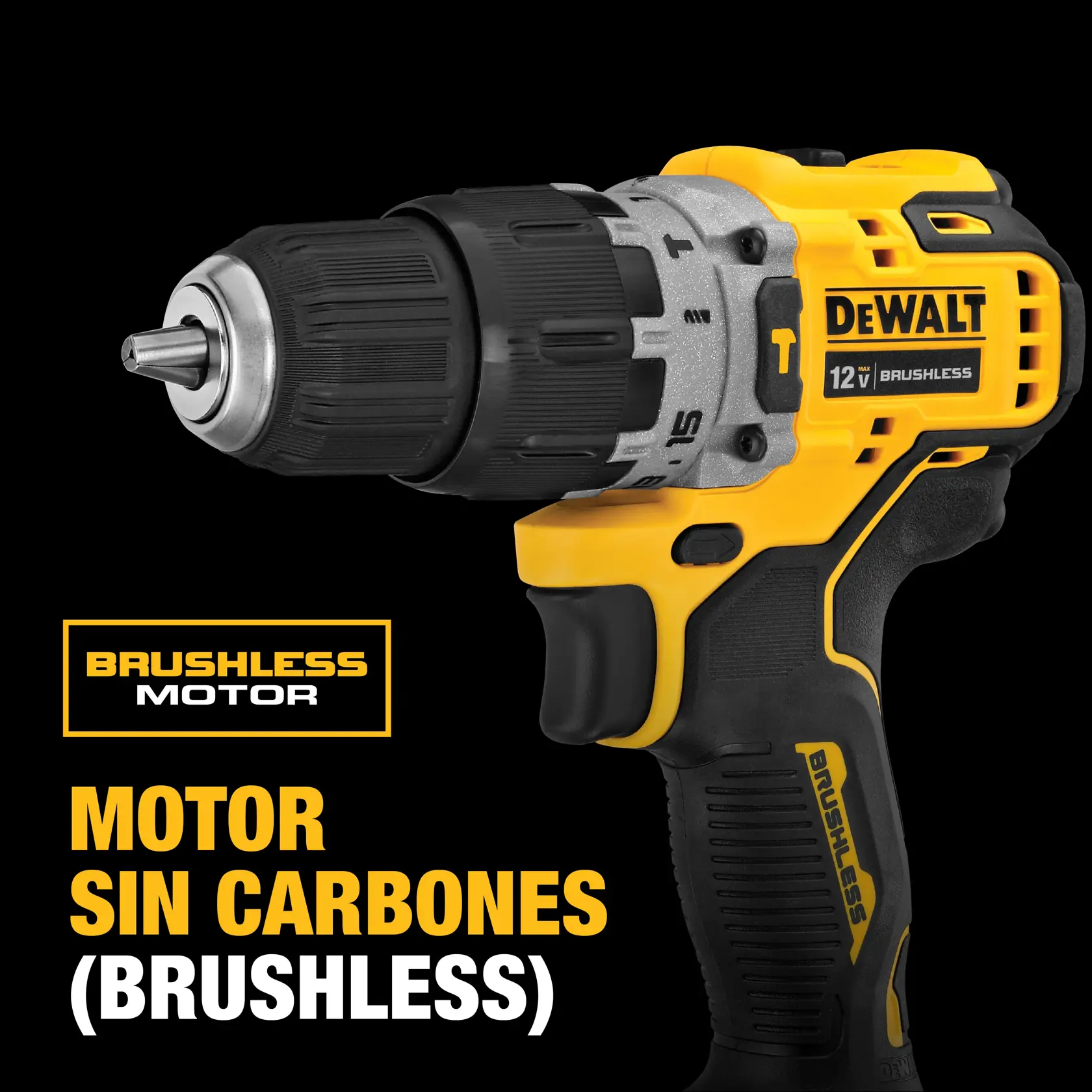 Imagen en primer plano de un taladro inalámbrico DEWALT DCD706F2 con motor sin carbones (brushless), en colores amarillo y negro. El texto destaca 'Brushless Motor' y 'Motor sin carbones (Brushless)'.