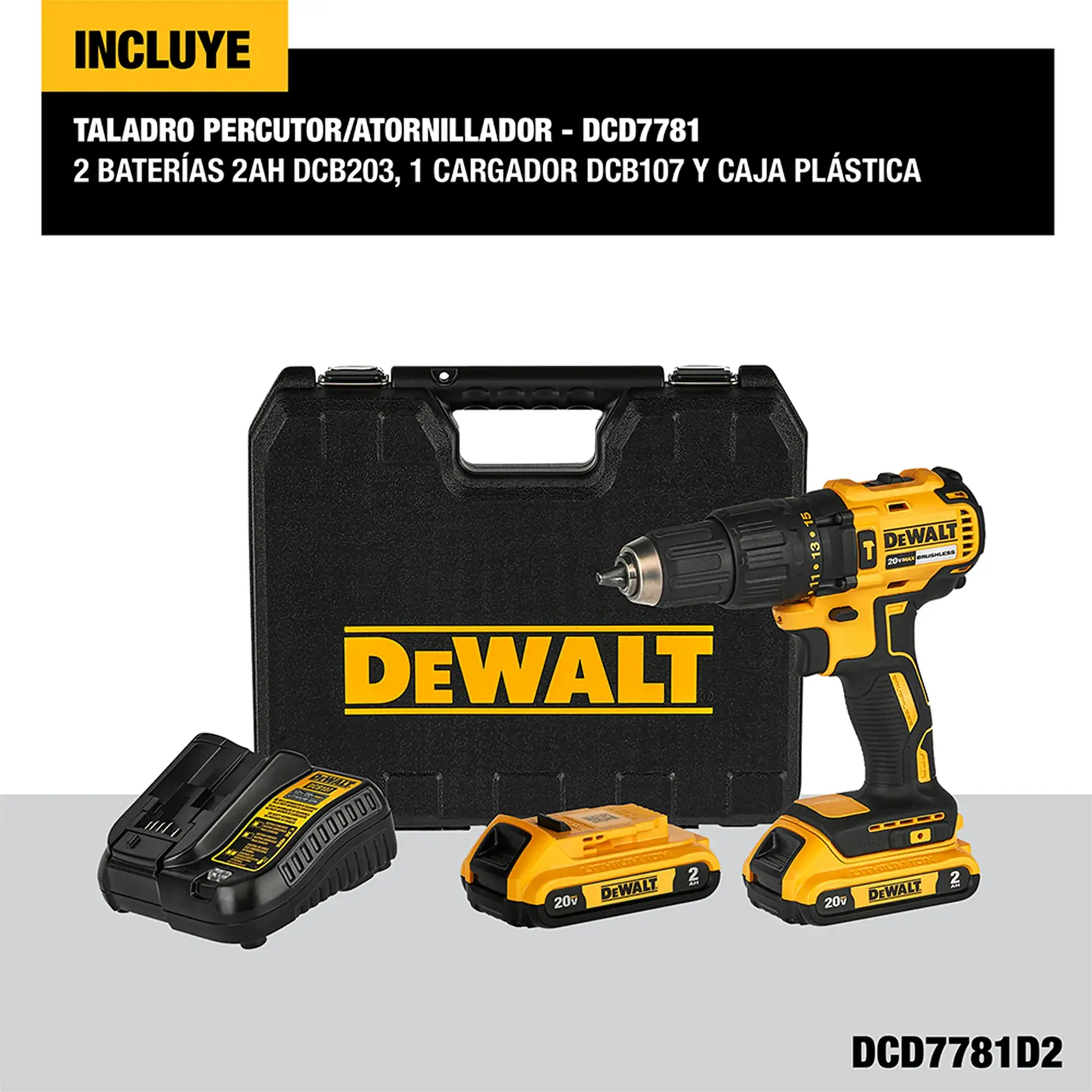 Juego de taladro percutor y atornillador inalámbrico DEWALT, modelo DCD7781D2, mostrado con un estuche negro, dos baterías de 20V 2Ah, un cargador DCB107 y caja plástica. Los artículos están exhibidos juntos sobre un fondo claro.