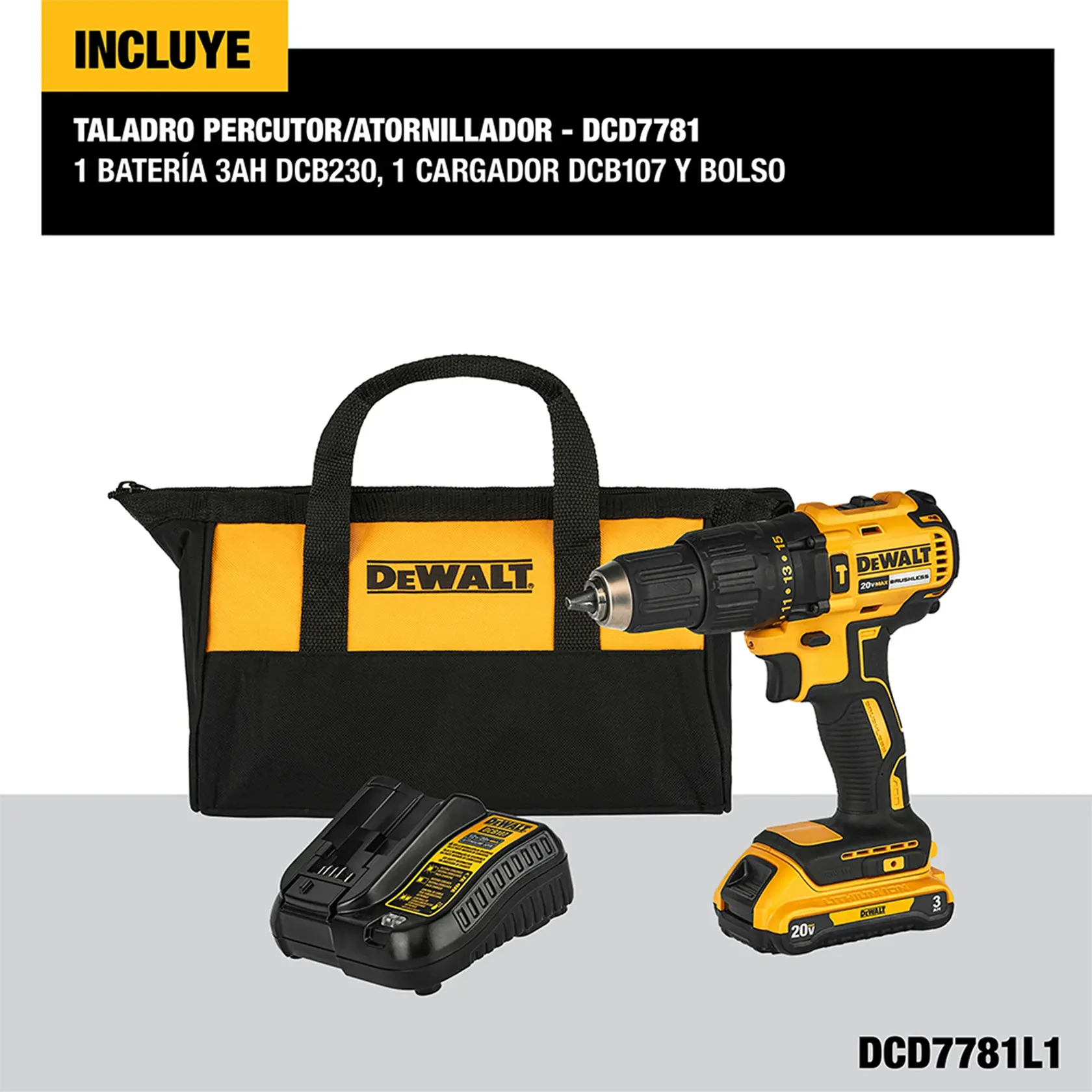 Juego de taladro y destornillador inalámbrico DEWALT, modelo DCD7781L1. Incluye una bolsa de transporte de tela amarilla y negra, un cargador de batería y una batería recargable. El taladro es compacto y tiene el logotipo de DEWALT.