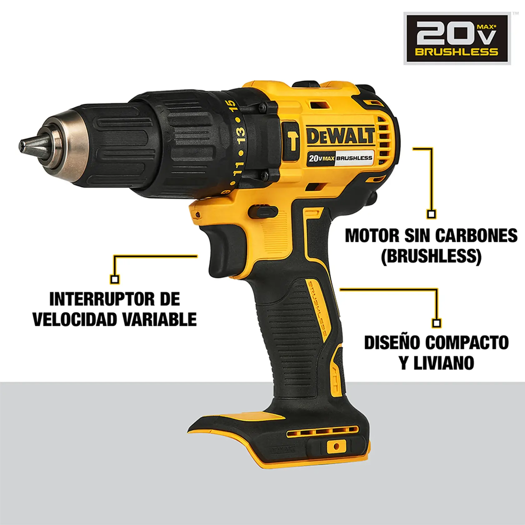 Taladro DEWALT 20V Max Brushless con interruptor de velocidad variable, diseño compacto y liviano, y motor sin carbones. El taladro es amarillo y negro y las características están resaltadas con etiquetas en español.