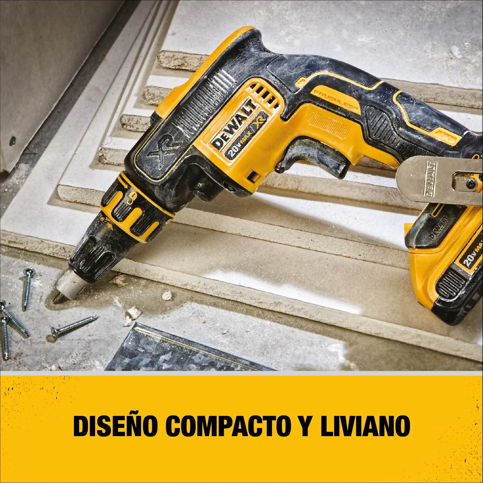 Atornillador para drywall DEWALT DCF620D2 con diseño compacto y liviano destacado.