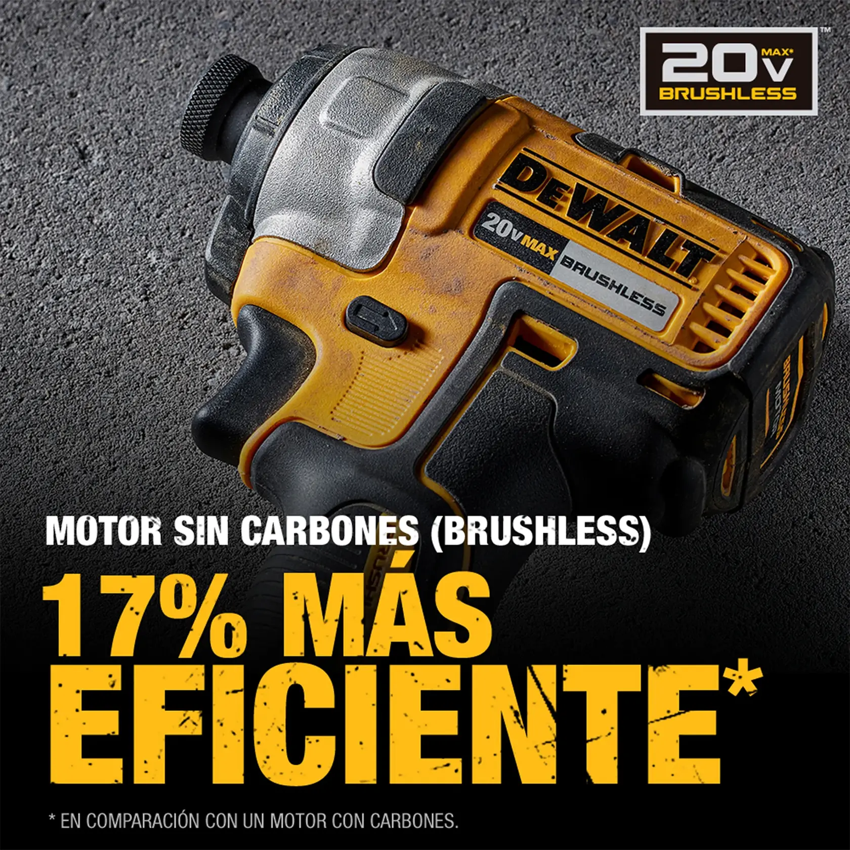 Herramienta eléctrica DEWALT 20V Max Brushless mostrada sobre una superficie texturizada. La imagen destaca el motor sin carbones, indicando que es un 17% más eficiente en comparación con modelos de motor con carbones.