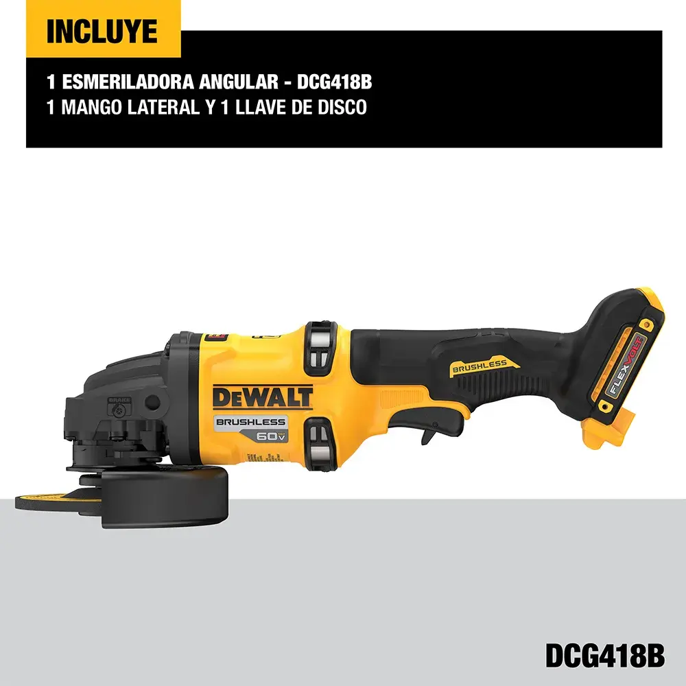 Imagen de una esmeriladora angular inalámbrica DEWALT DCG418B con motor sin escobillas. La imagen también muestra texto indicando que el paquete incluye una esmeriladora, un mango lateral y una llave de disco.