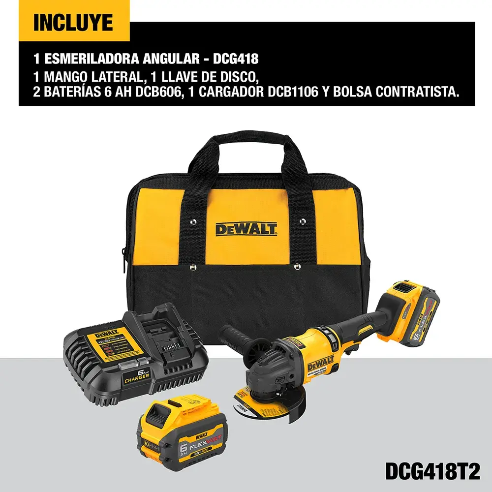 Kit de esmeriladora angular DEWALT DCG418T2 con bolsa de herramientas amarilla y negra, esmeriladora angular inalámbrica, dos baterías de 6 Ah, cargador de batería, mango lateral, llave de disco y accesorios, presentado sobre fondo blanco.