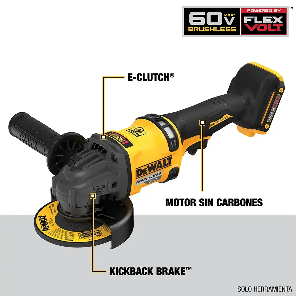 Imagen de una amoladora angular inalámbrica DEWALT DCG418T2, con componentes etiquetados: E-Clutch, motor sin carbones y Kickback Brake. La herramienta utiliza una batería FLEXVOLT de 60V, y en la imagen se indica 'solo herramienta'.