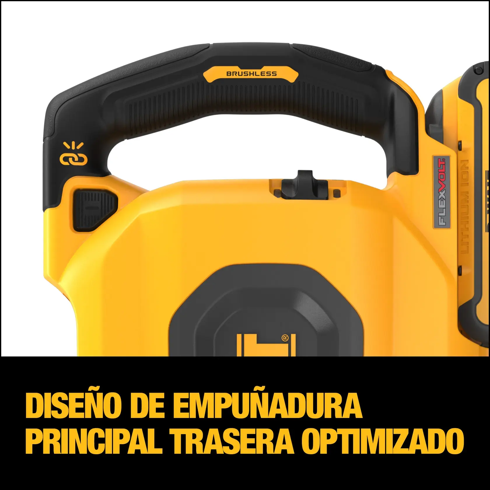 Imagen de la empuñadura trasera optimizada de herramienta DEWALT con etiqueta Flexvolt, en amarillo y negro.