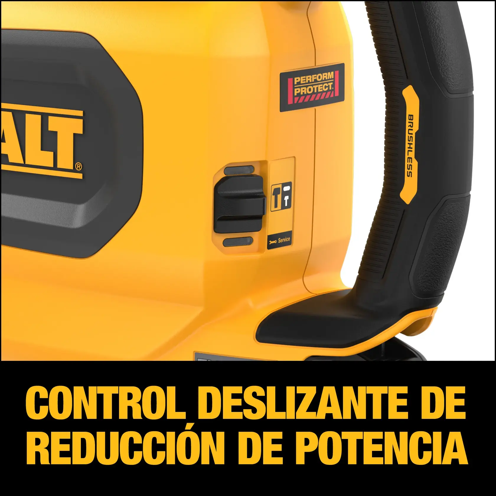 Imagen de herramienta DEWALT con control deslizante para reducción de potencia y mango. Texto resalta la función.