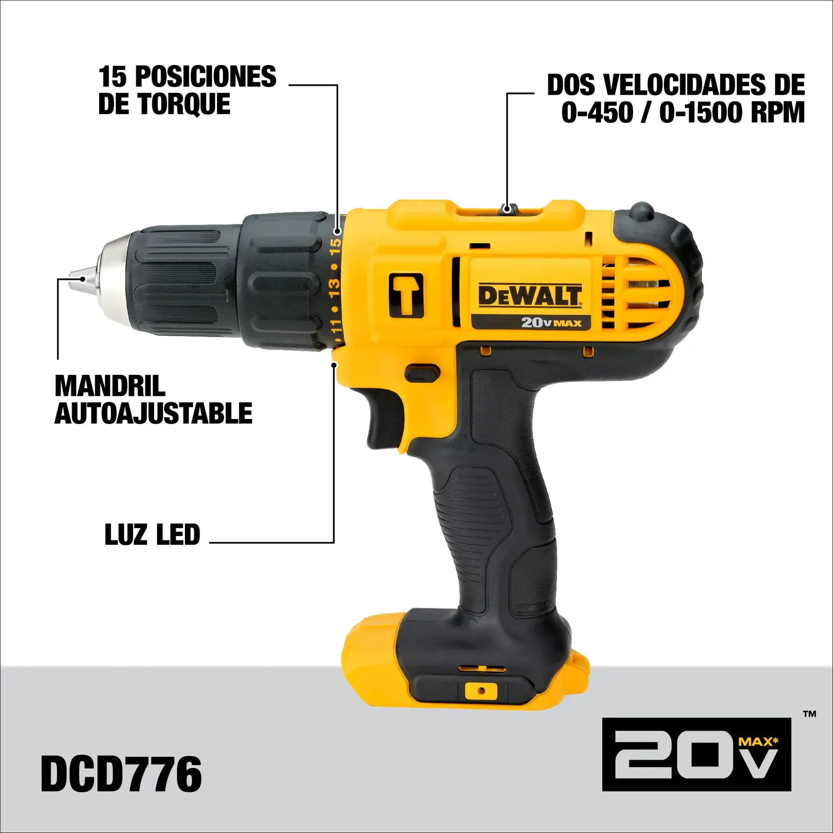 Imagen de un taladro inalámbrico DEWALT 20V MAX, modelo DCD776. El taladro es amarillo y negro, y presenta textos destacados que indican 15 posiciones de torque, dos velocidades (0-450 / 0-1500 RPM), mandril autoajustable y luz LED. El logo de DEWALT y la marca '20V MAX' son visibles.