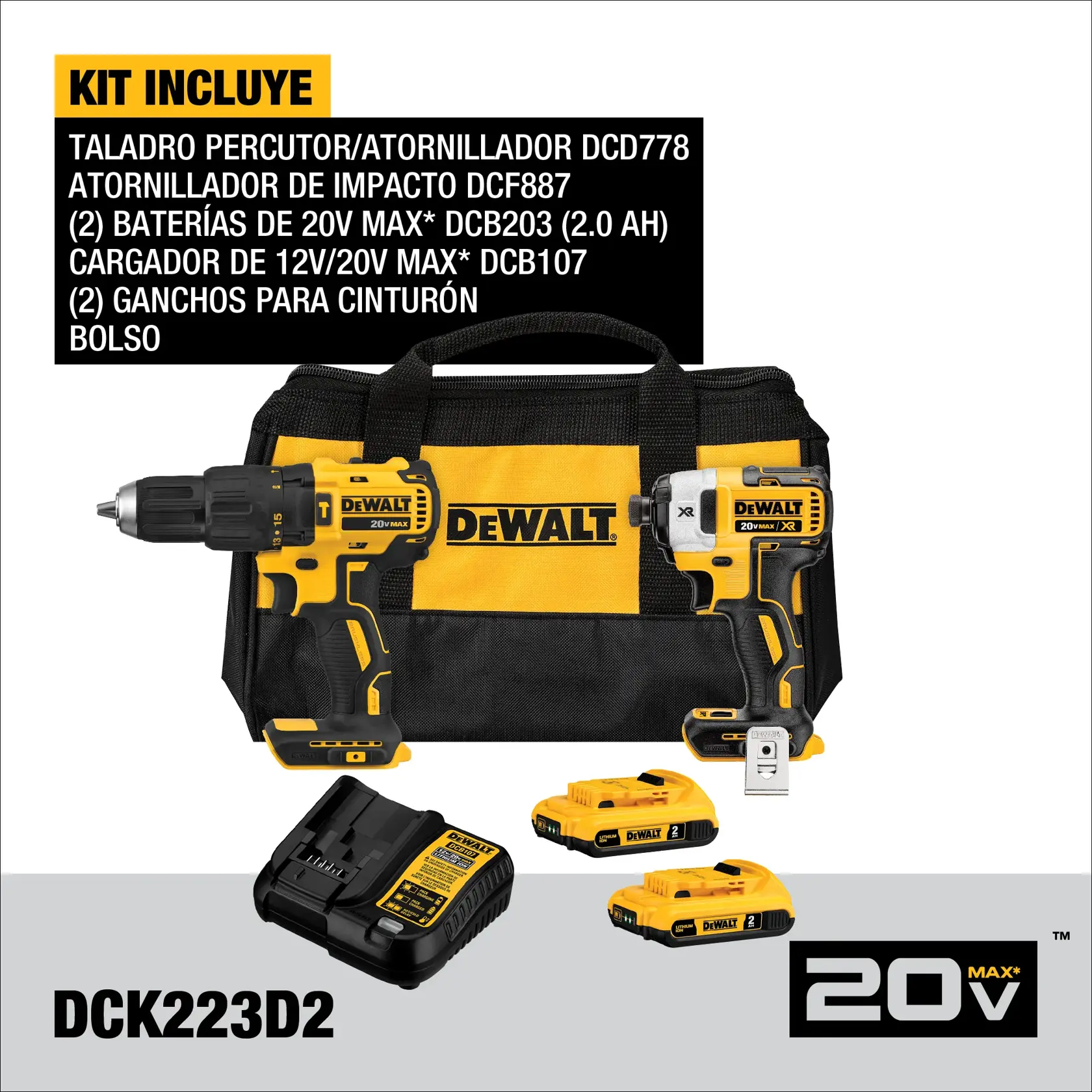 Imagen que muestra el kit DEWALT DCK223D2, que incluye una bolsa de herramientas negra y amarilla, un taladro/atornillador inalámbrico, un atornillador de impacto, dos baterías de ion-litio 20V Max, un cargador y dos ganchos para cinturón. Los contenidos del kit se detallan a la izquierda, y la marca DEWALT y el logo 20V Max son visibles.