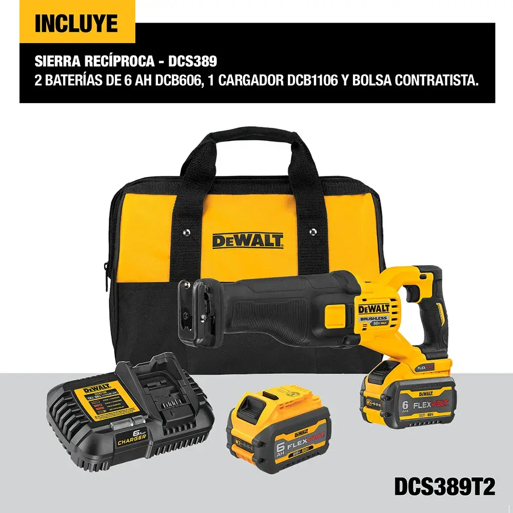El kit de sierra recíproca DEWALT DCS389T2 incluye una sierra recíproca amarilla y negra, dos baterías de 6Ah, un cargador y una bolsa contratista. Los artículos están dispuestos juntos con la bolsa al fondo.