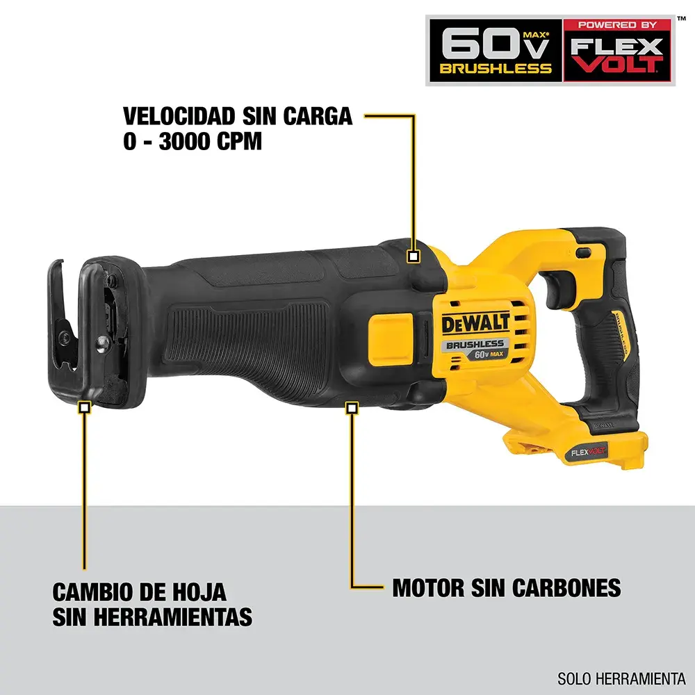 Imagen de una sierra recíproca DEWALT DCS389T2 60V FlexVolt sin carbones con características destacadas. Las anotaciones señalan: cambio de hoja sin herramientas, motor sin carbones y velocidad sin carga de 0-3000 CPM. La sierra es de color amarillo y negro.