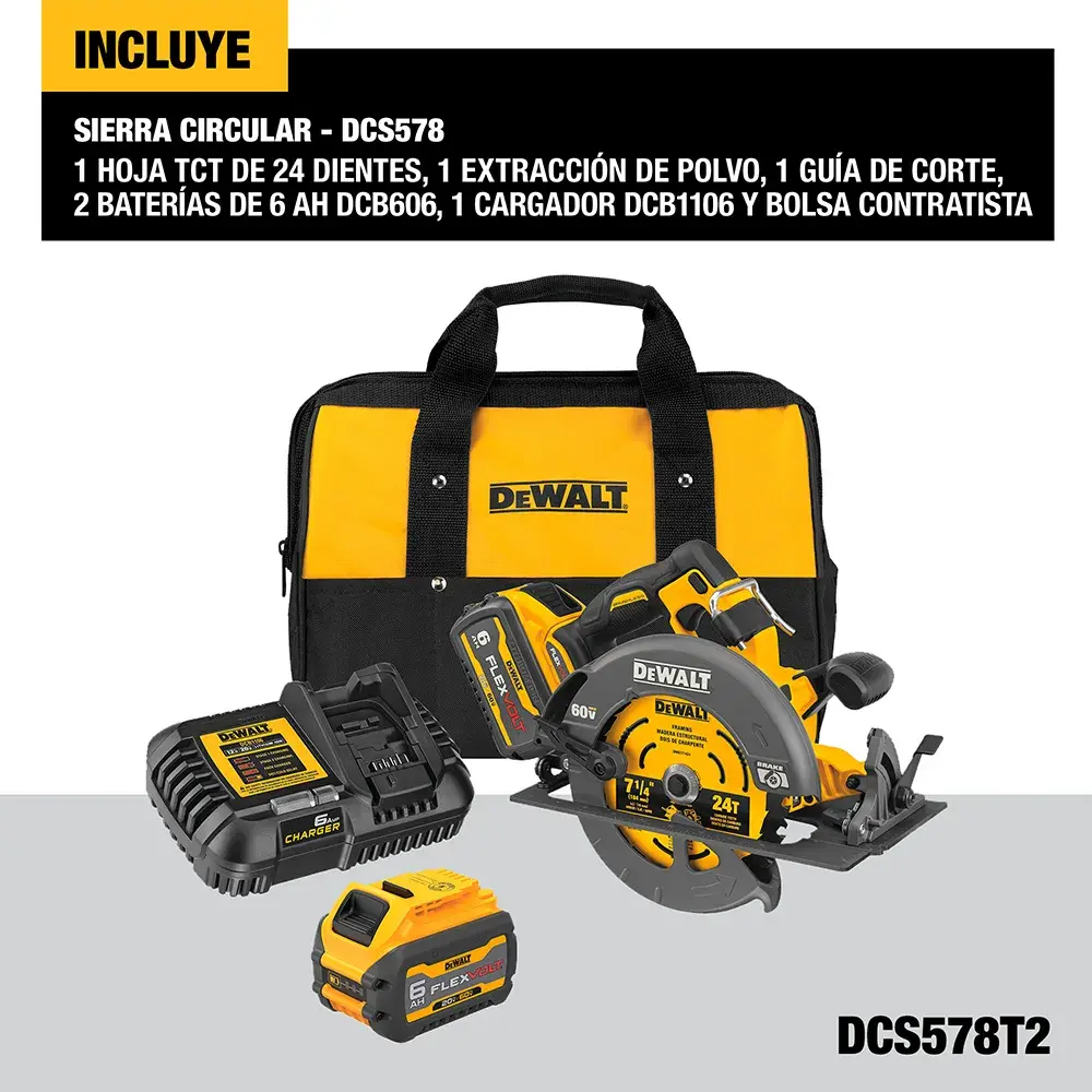 Kit DEWALT DCS578T2 que incluye una sierra circular, cargador, dos baterías, guía de corte, accesorio para extracción de polvo, hoja TCT de 24 dientes y bolsa para herramientas de contratista. Todos los artículos están mostrados sobre una superficie gris claro con el nombre y descripción del producto arriba.