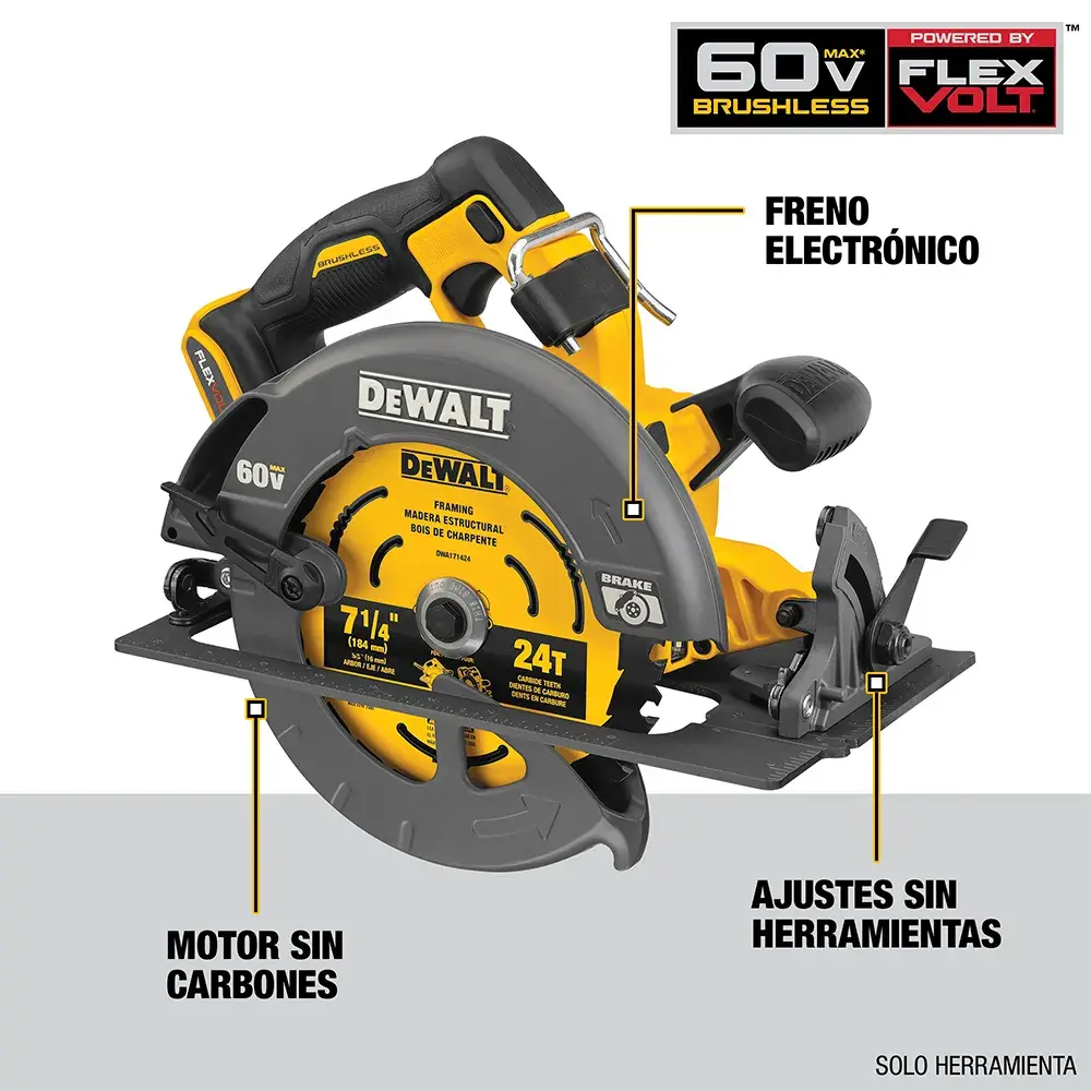 Imagen de una sierra circular inalámbrica DEWALT DCS578T2. Se destacan el motor sin carbones, el freno electrónico y los ajustes sin herramientas. La sierra pertenece a la serie FLEXVOLT 60V Max.
