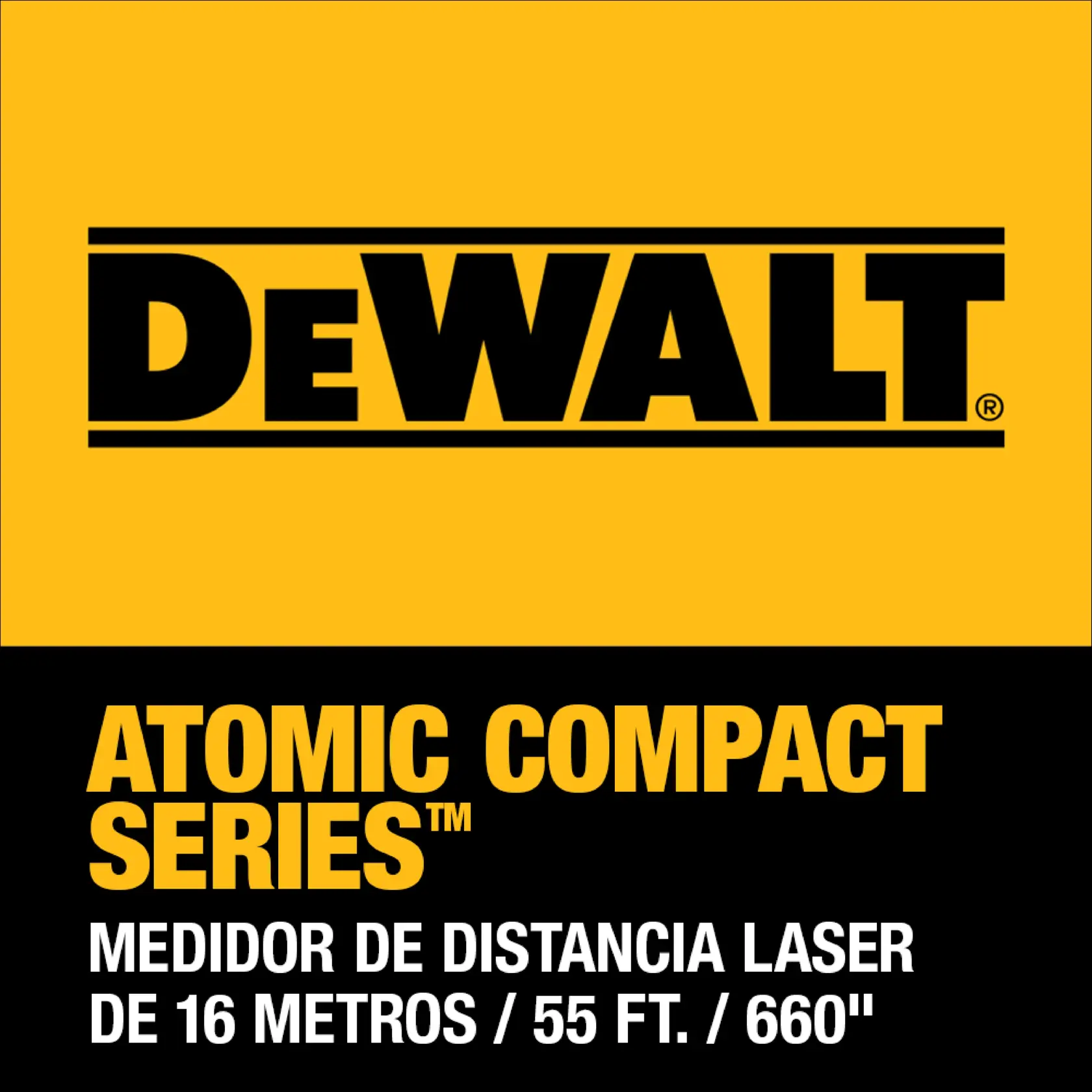 Gráfico promocional de DEWALT que presenta la serie Atomic Compact. Publicita un medidor de distancia láser con un alcance máximo de 16 metros, 55 pies o 660 pulgadas.
