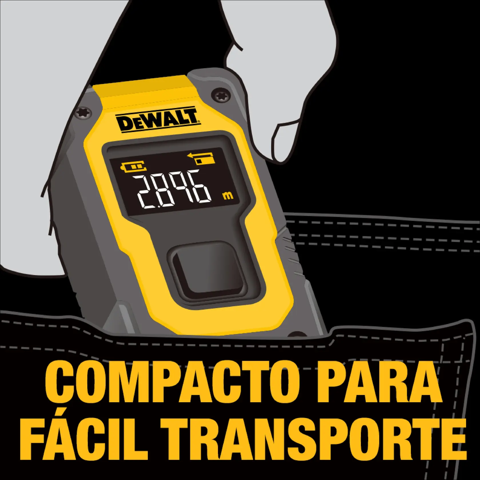 Ilustración de un medidor de distancia láser DEWALT siendo colocado en un bolsillo por una mano. La pantalla muestra 2.896 metros. El texto debajo dice: 'Compacto para fácil transporte'.