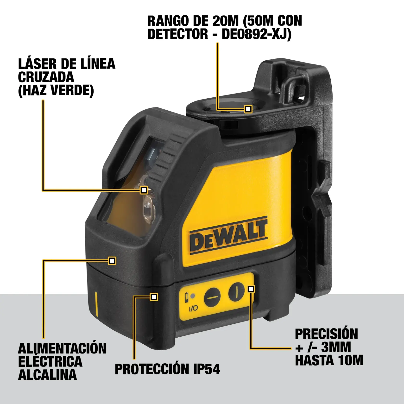 Imagen de una herramienta láser de línea cruzada DEWALT DW088CG con haz verde. La imagen resalta varias características: rango de 20 metros (50 metros con detector DE0892-XJ), alimentación eléctrica alcalina, protección IP54 y precisión de +/- 3mm hasta 10 metros.