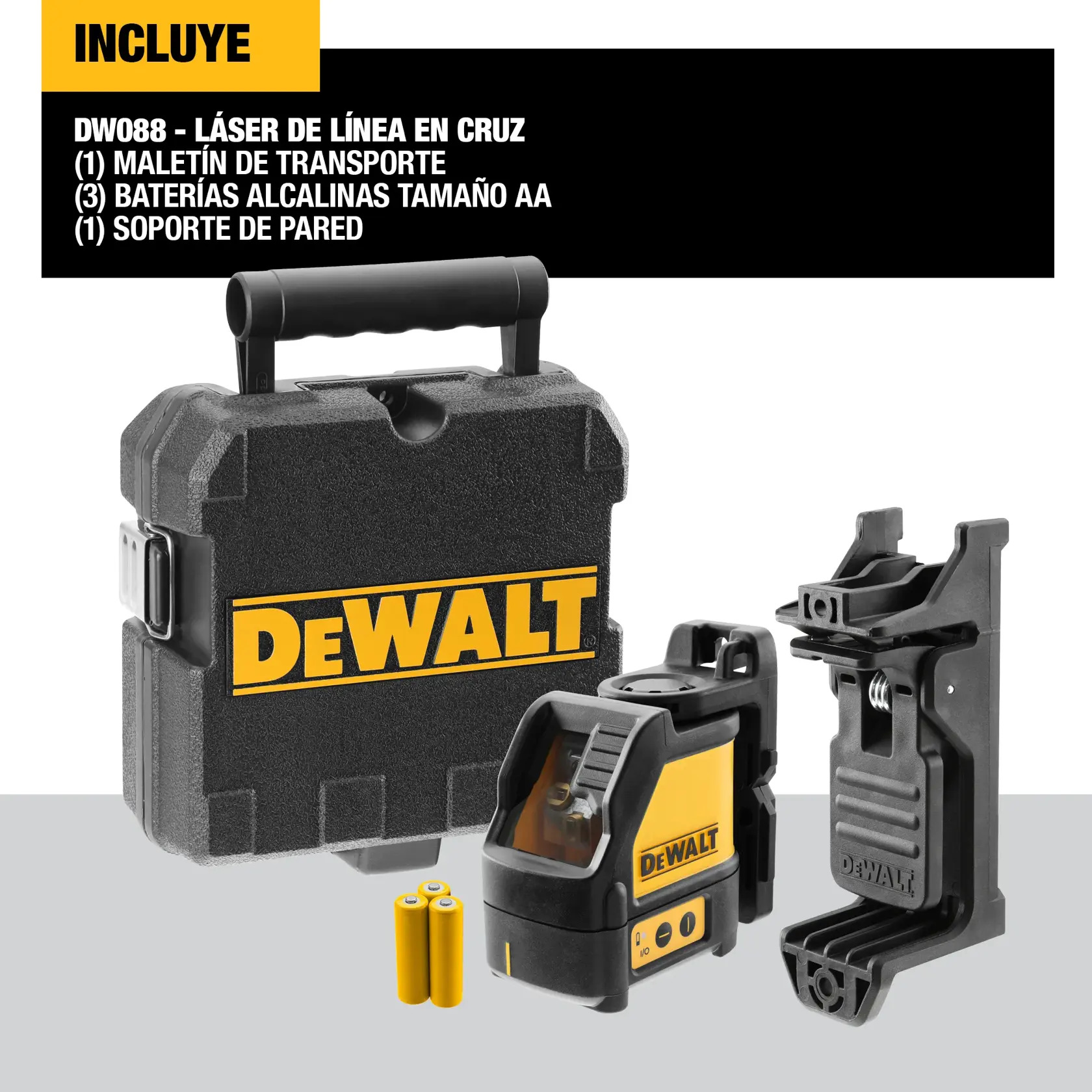 Kit de láser de línea en cruz DEWALT DW088CG con maletín rígido de transporte, tres baterías alcalinas AA y soporte de pared, mostrado sobre un fondo claro.