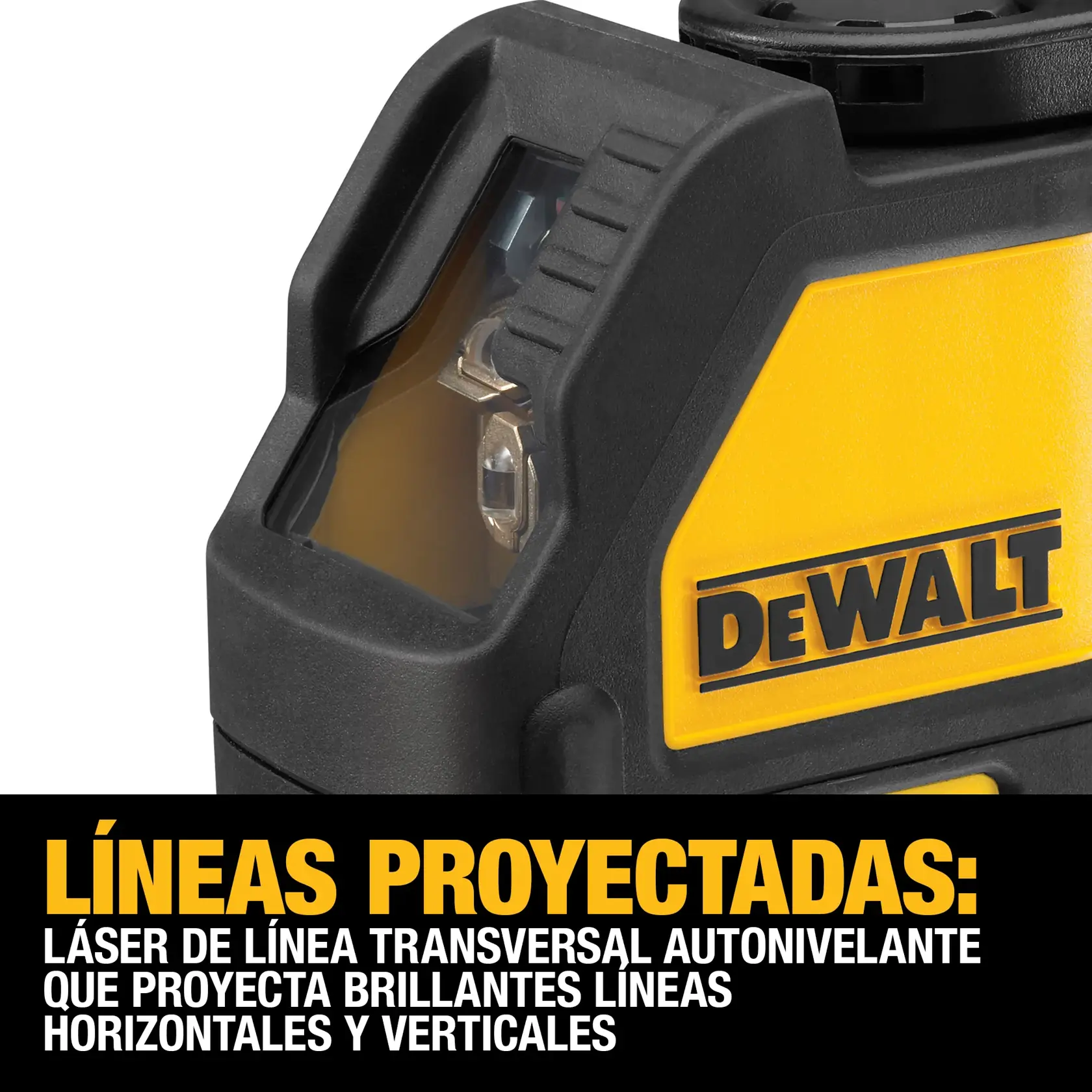 Primer plano de una herramienta láser de línea transversal autonivelante de marca DEWALT. El producto es negro y amarillo con la marca DEWALT prominente, y el texto describe su capacidad para proyectar brillantes líneas horizontales y verticales.