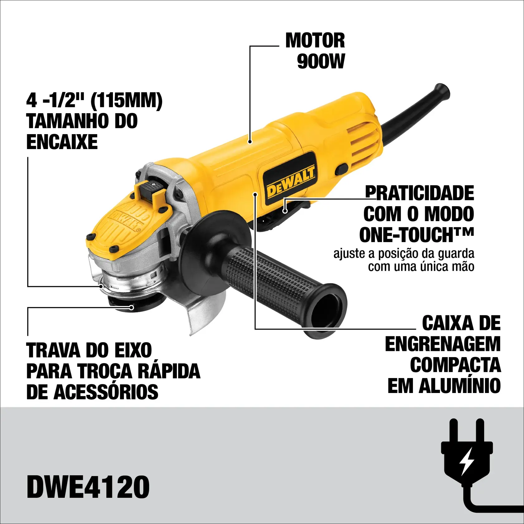Imagen que muestra una amoladora angular DEWALT DWE4120. Las características principales resaltadas son: motor de 900W, tamaño del disco de 4-1/2 pulgadas (115mm), bloqueo del eje para cambio rápido de accesorios, modo One-Touch™ para ajuste de posición de la guarda con una sola mano y caja de engranajes compacta de aluminio.