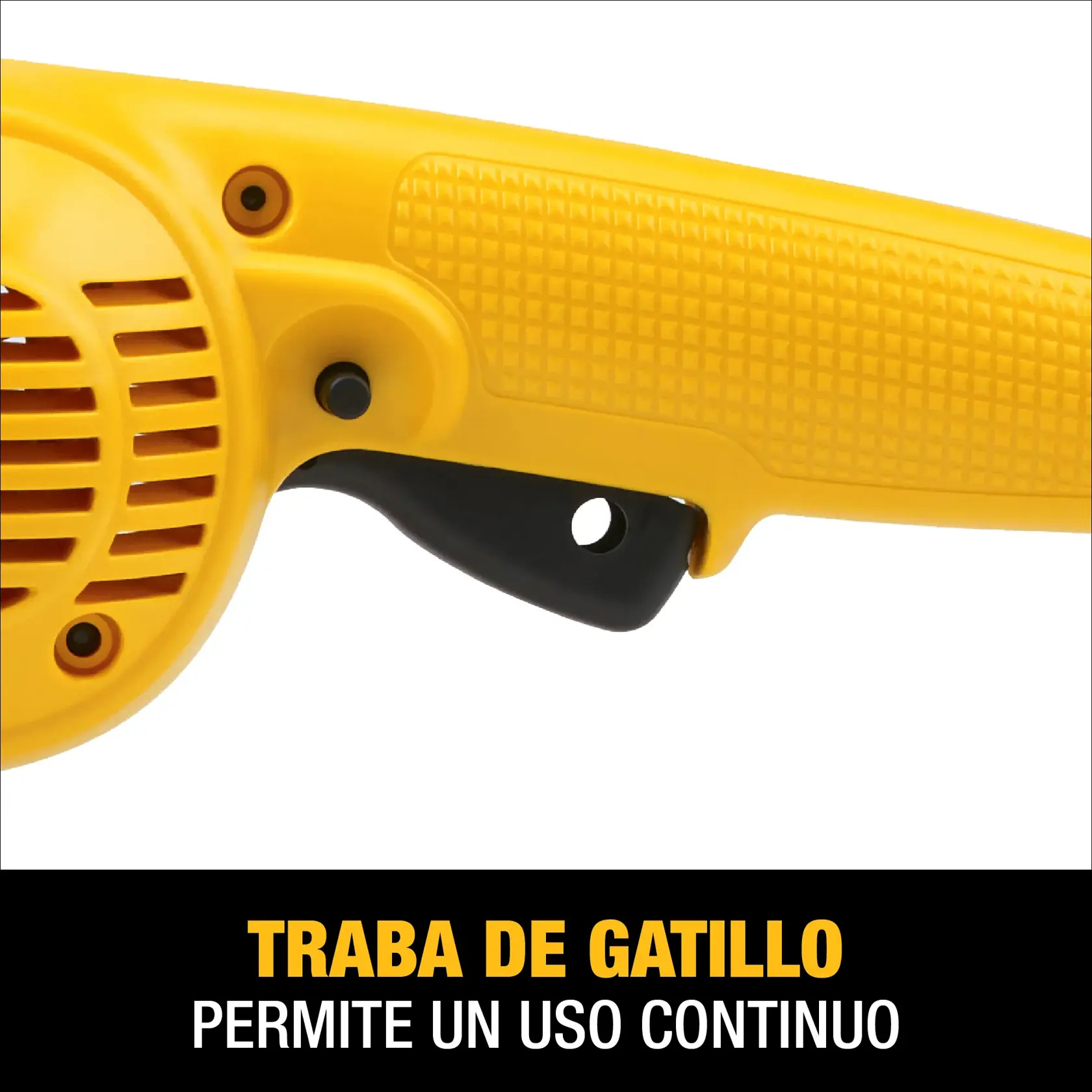 Imagen en primer plano de la empuñadura de una herramienta eléctrica DEWALT amarilla mostrando la función de traba de gatillo, con texto que indica que permite un uso continuo.