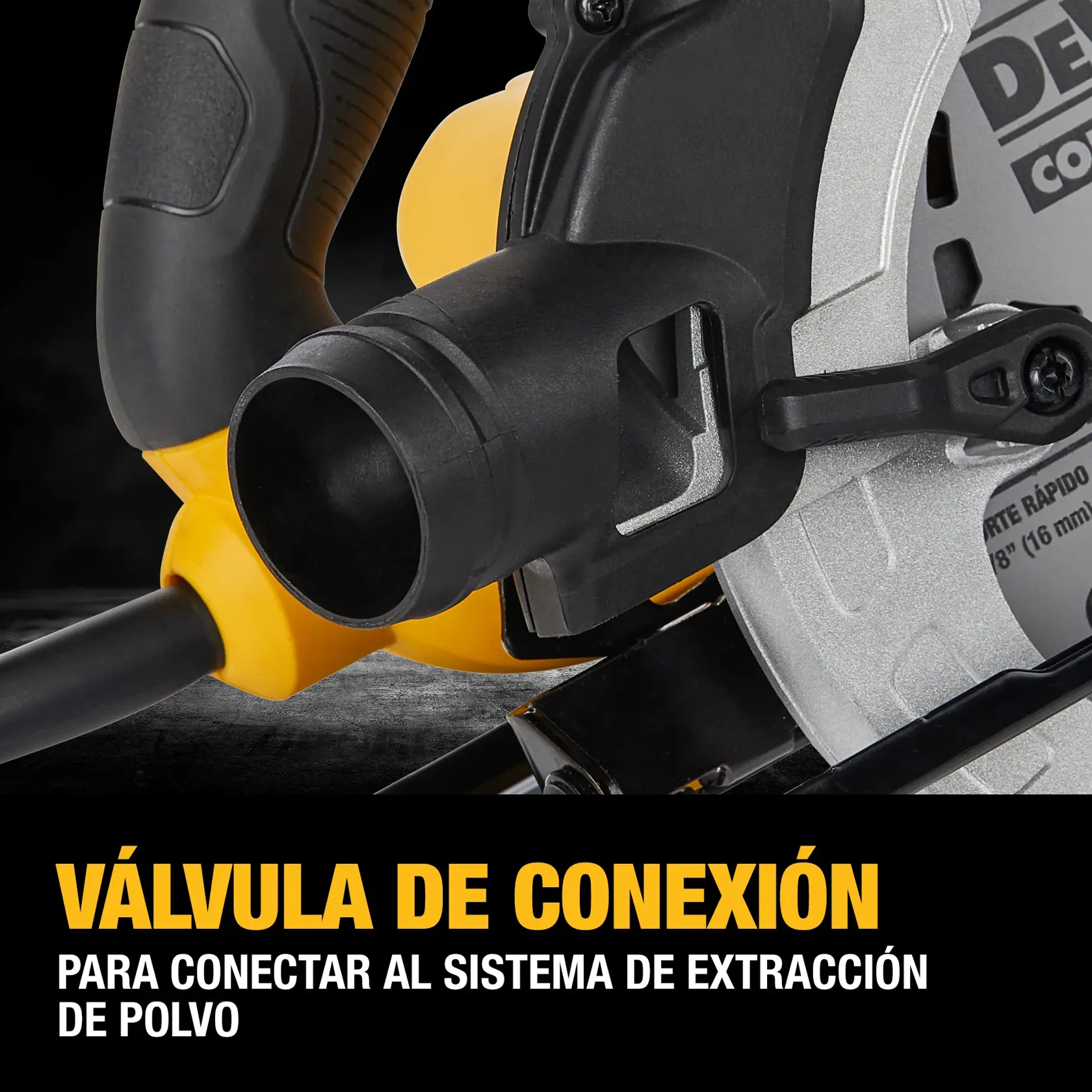 Válvula de conexión DEWALT para sistema de extracción de polvo en sierra circular, con texto sobre su uso.