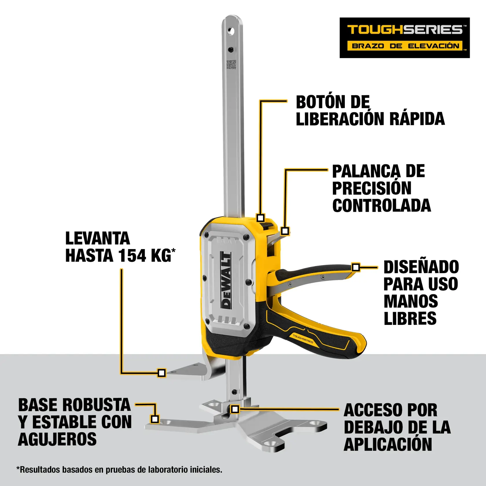 Herramienta de elevación DEWALT ToughSeries con liberación rápida, base estable y diseño manos libres.