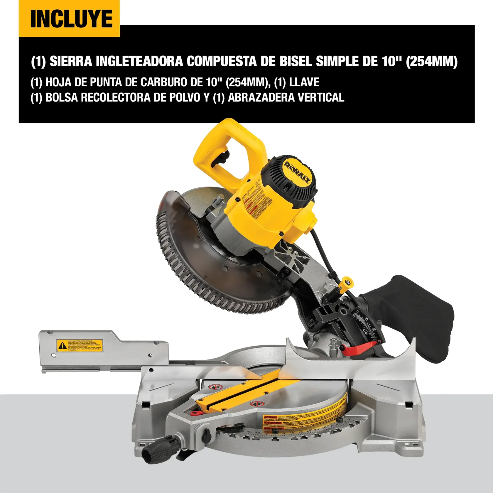 Sierra ingleteadora compuesta de bisel simple DEWALT DWS713 de 10'' (254mm) con diseño amarillo y negro, mostrada con bolsa recolectora de polvo, hoja de punta de carburo, llave y abrazadera vertical. El texto en la imagen enumera los accesorios incluidos.