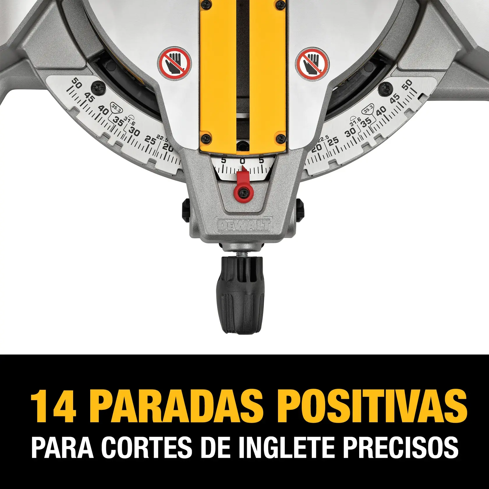 Vista de cerca de una sierra de inglete DEWALT con una escala para ajustes precisos de ángulo. El texto en la imagen destaca '14 paradas positivas para cortes de inglete precisos'.