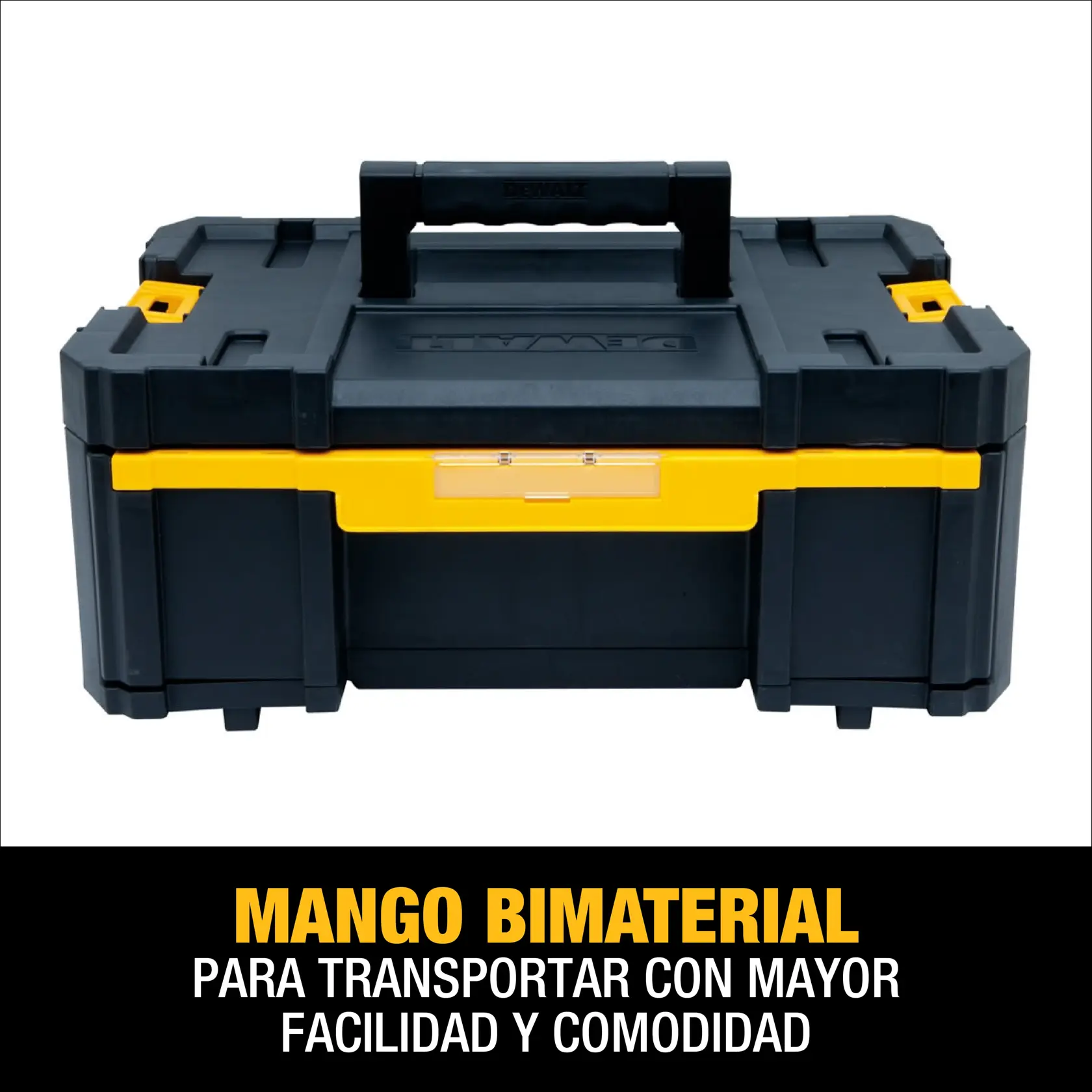 Caja de herramientas DEWALT con diseño en negro y amarillo, que incluye un mango bimaterial para transportar con mayor facilidad y comodidad. El producto se muestra sobre fondo blanco con un texto promocional sobre su mango.