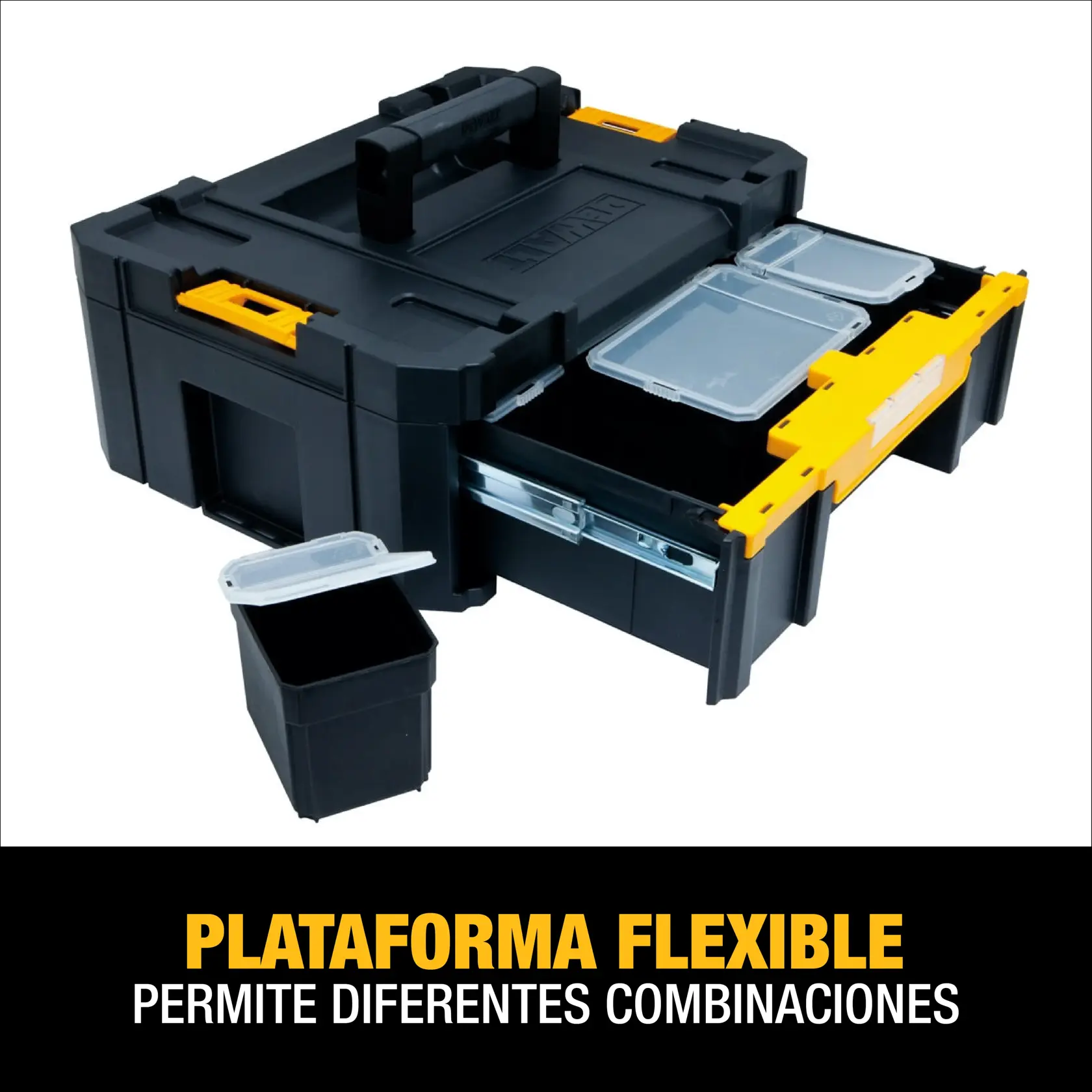 Organizador de herramientas modular DEWALT con cajones y compartimentos, mostrado parcialmente abierto para demostrar la flexibilidad de almacenamiento. El texto debajo dice: 'Plataforma flexible permite diferentes combinaciones.'