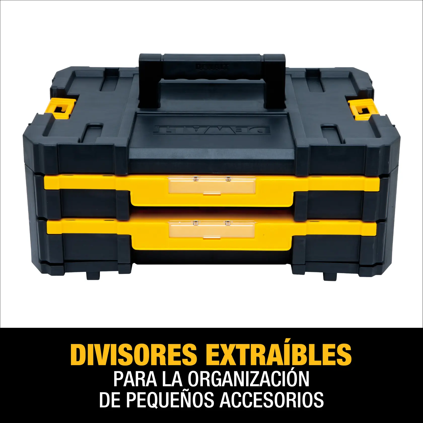Caja de almacenamiento de herramientas DEWALT en color negro y amarillo con dos cajones extraíbles y asa, diseñada para organizar pequeños accesorios. El texto en español dice: 'Divisores extraíbles para la organización de pequeños accesorios.'