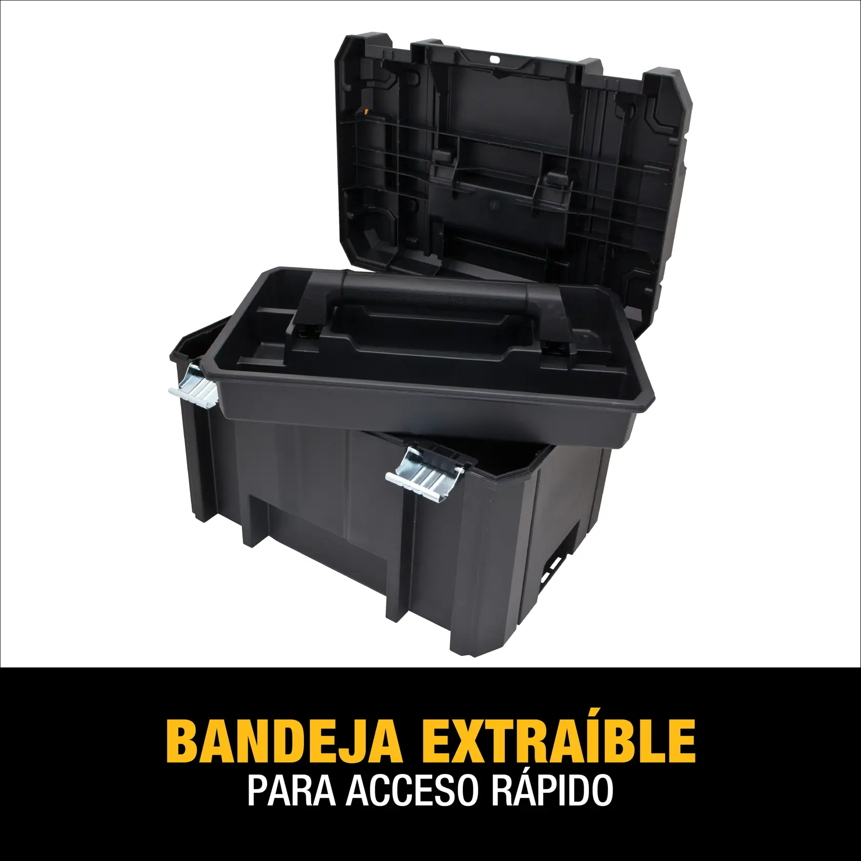 Caja de herramientas negra DEWALT con la tapa abierta, mostrando una bandeja extraíble para acceso rápido. Se ven los cierres metálicos y el texto resalta la bandeja extraíble para una accesibilidad rápida.