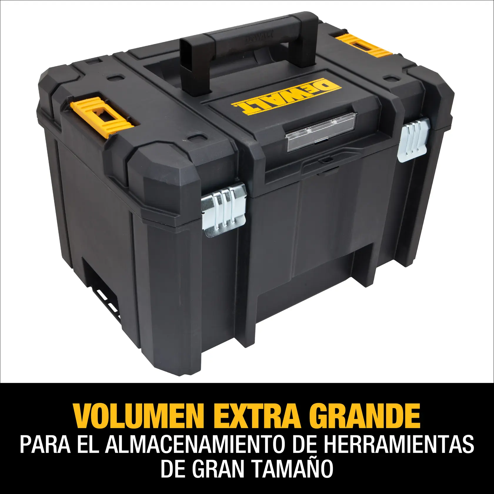 Caja de herramientas DEWALT negra grande con detalles amarillos y plateados, con construcción robusta y un asa en la parte superior. El texto debajo de la caja dice: 'Volumen extra grande para el almacenamiento de herramientas de gran tamaño.'