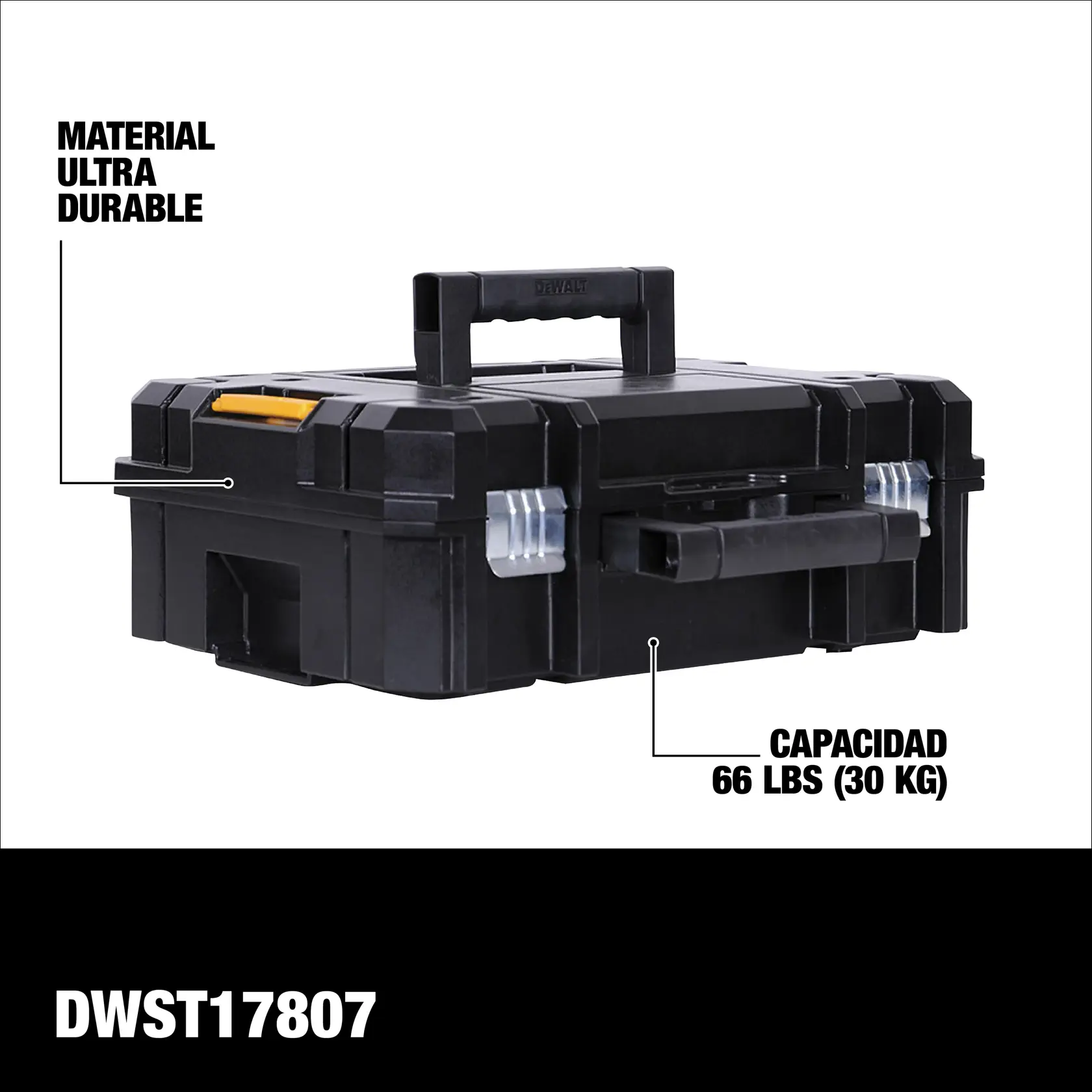 Primer plano de una caja de herramientas negra DEWALT destacando un pestillo de metal. El texto inferior dice: 'Pestillos de metal de alta resistencia para evitar la oxidación.'