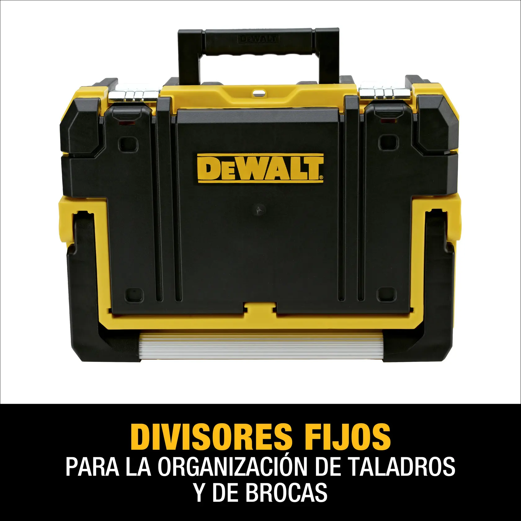 Caja de herramientas negra y amarilla de la marca DEWALT con asa, mostrada con texto que indica 'Divisores fijos para la organización de taladros y de brocas'.