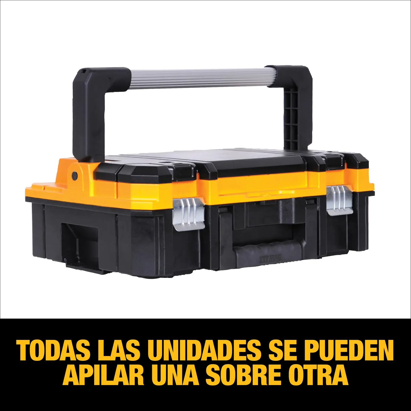 Una caja de herramientas DEWALT negra y amarilla con un asa grande, pestillos metálicos y un mensaje en la parte inferior que dice: 'Todas las unidades se pueden apilar una sobre otra.'