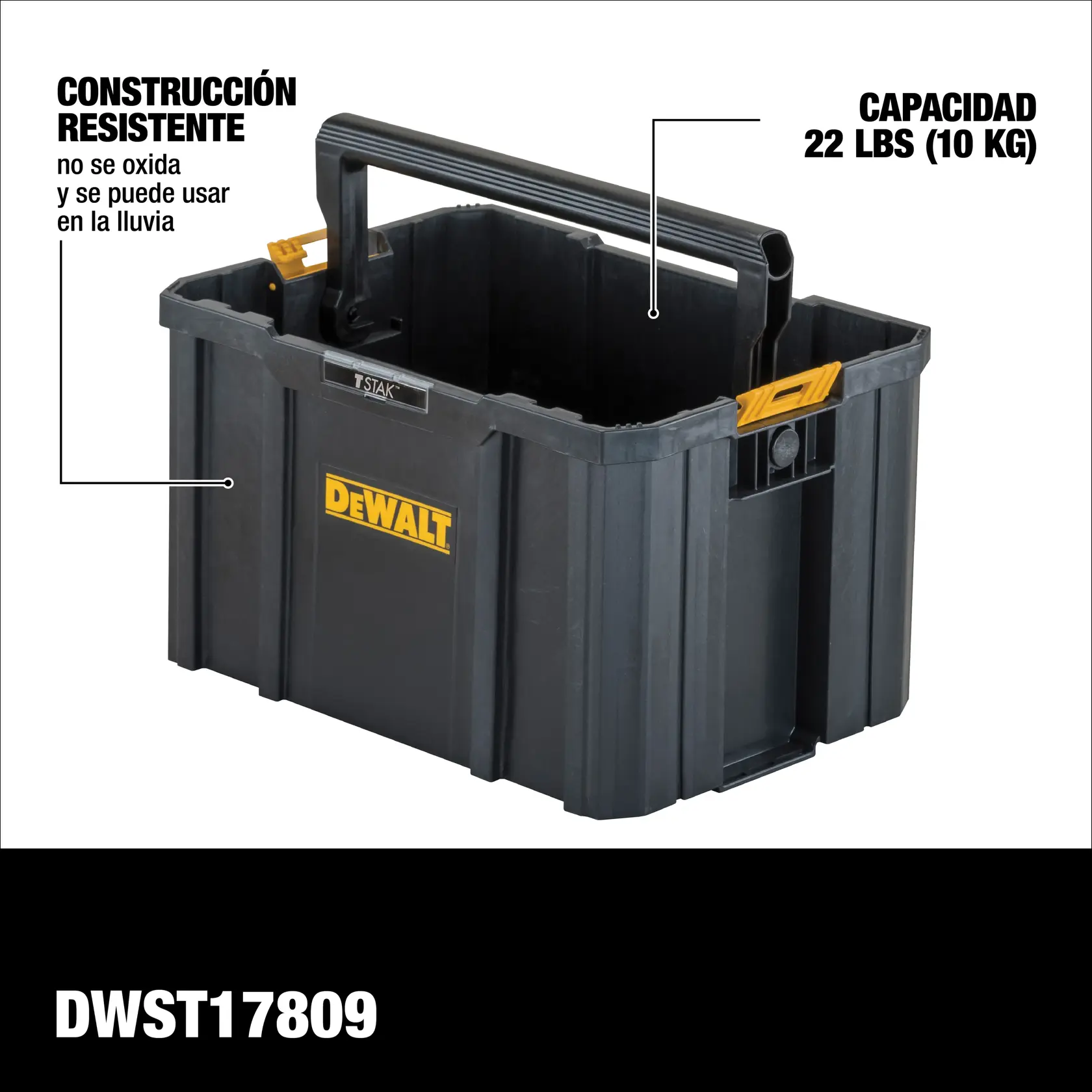 Caja de herramientas negra DEWALT con construcción resistente, incorpora un asa fuerte. La caja está etiquetada como 'DWST17809' y el texto resalta que es resistente a la oxidación, se puede usar en la lluvia y tiene una capacidad de 22 libras (10 kg).