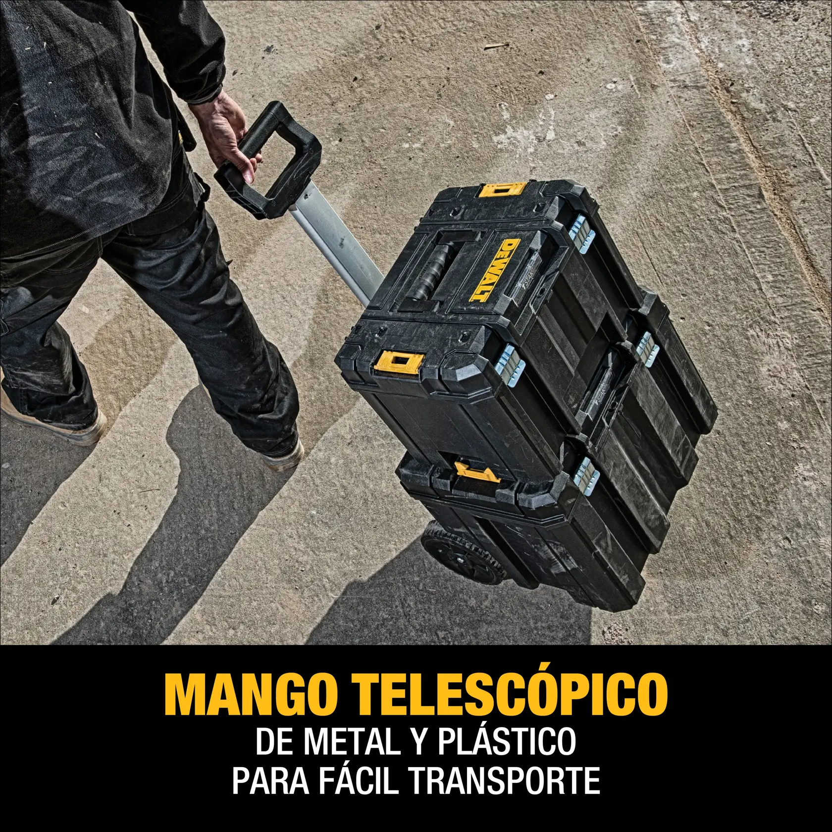 Vista de cerca de una caja de herramientas negra DEWALT mostrando un cierre de metal. El texto abajo dice: 'Cierres de metal antioxidantes'.