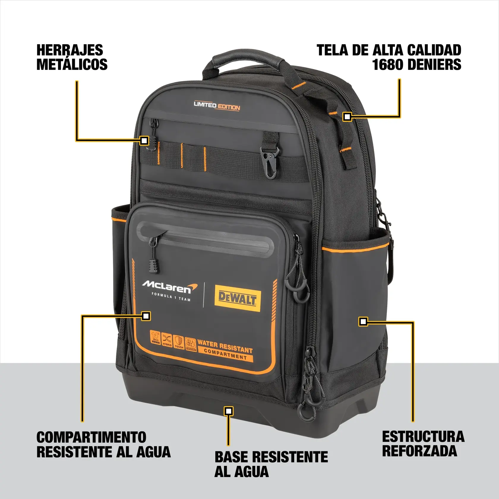 Mochila DEWALT con base resistente al agua, estructura reforzada, tela de alta calidad y herrajes metálicos.