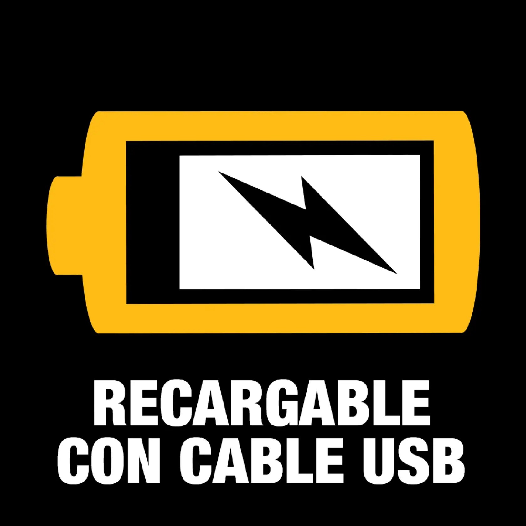 Ícono de batería amarilla con un rayo negro adentro, sobre el texto en español 'RECARGABLE CON CABLE USB'.