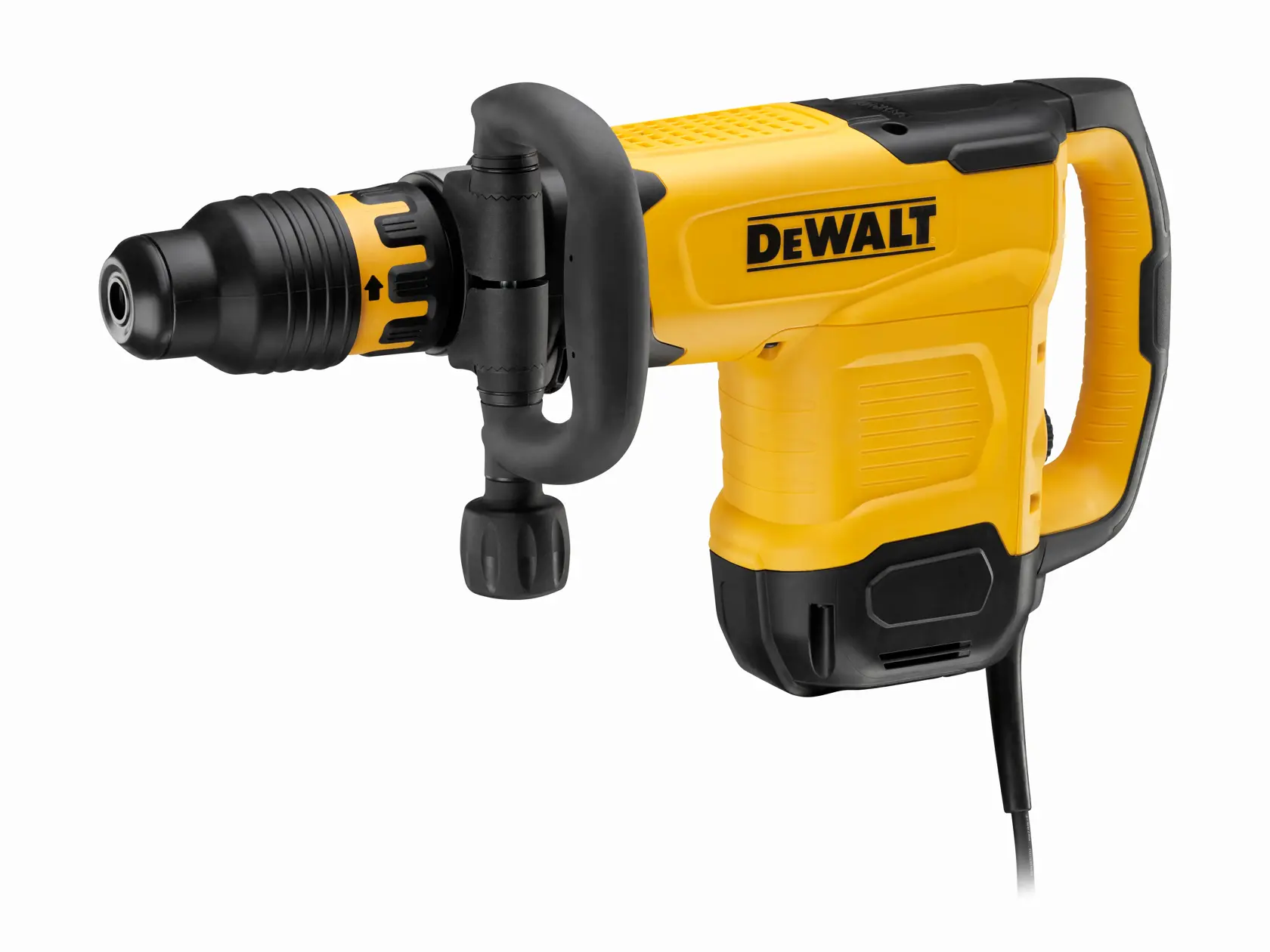 Martillo demoledor DEWALT amarillo con asa lateral y detalles negros, fotografiado sobre fondo blanco.