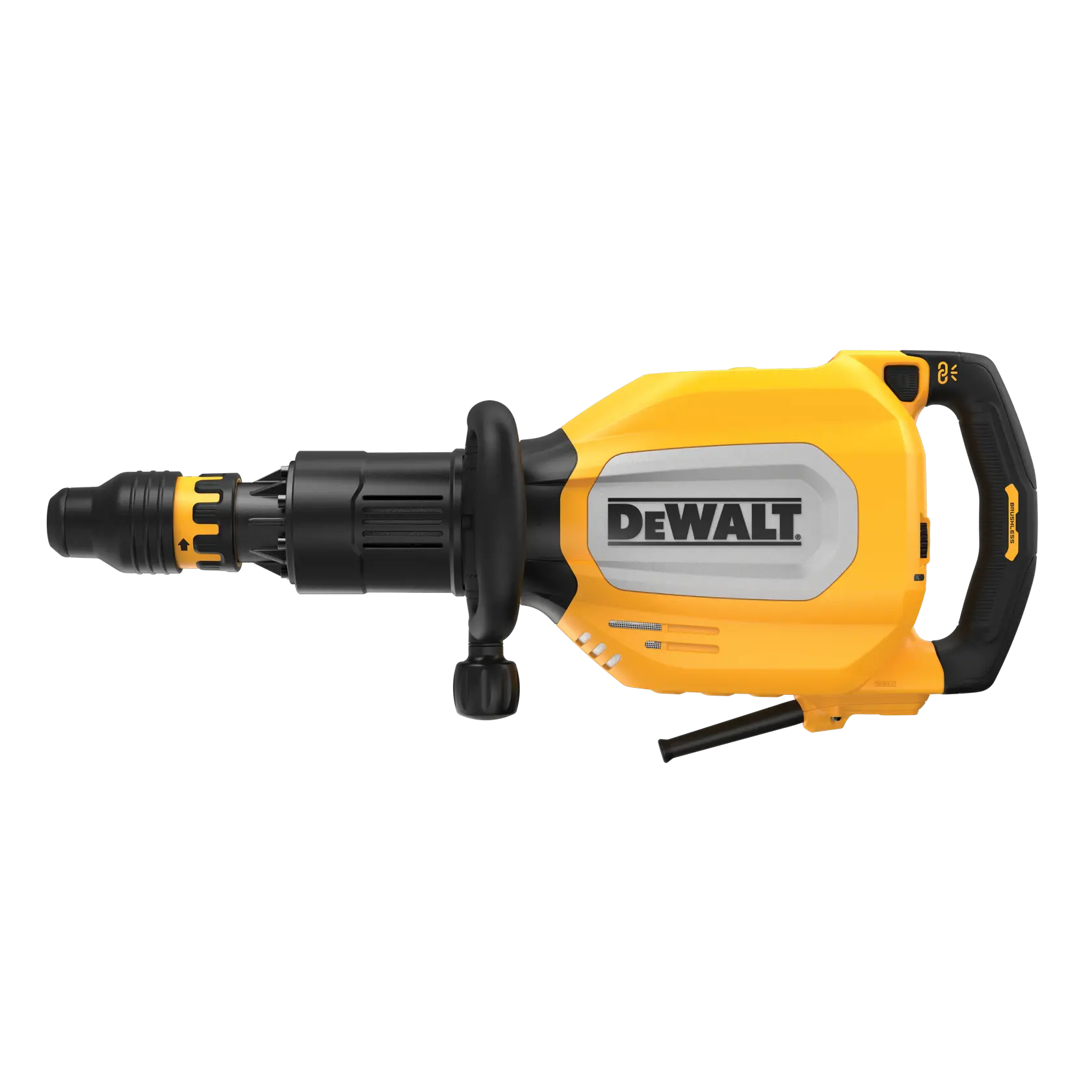 Martillo demoledor eléctrico DEWALT con carcasa amarilla y negra y asa lateral.