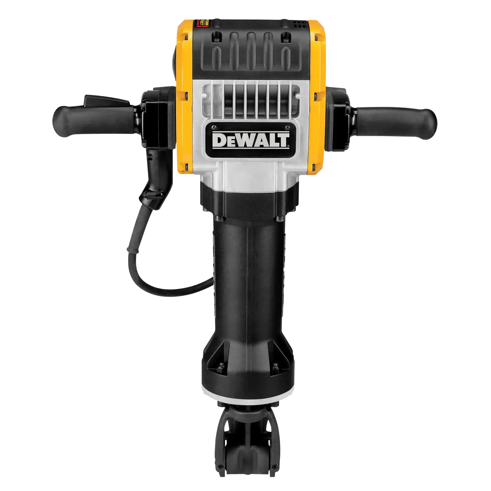 Vista frontal de martillo demoledor DEWALT D25980 con asas y cable sobre fondo blanco.
