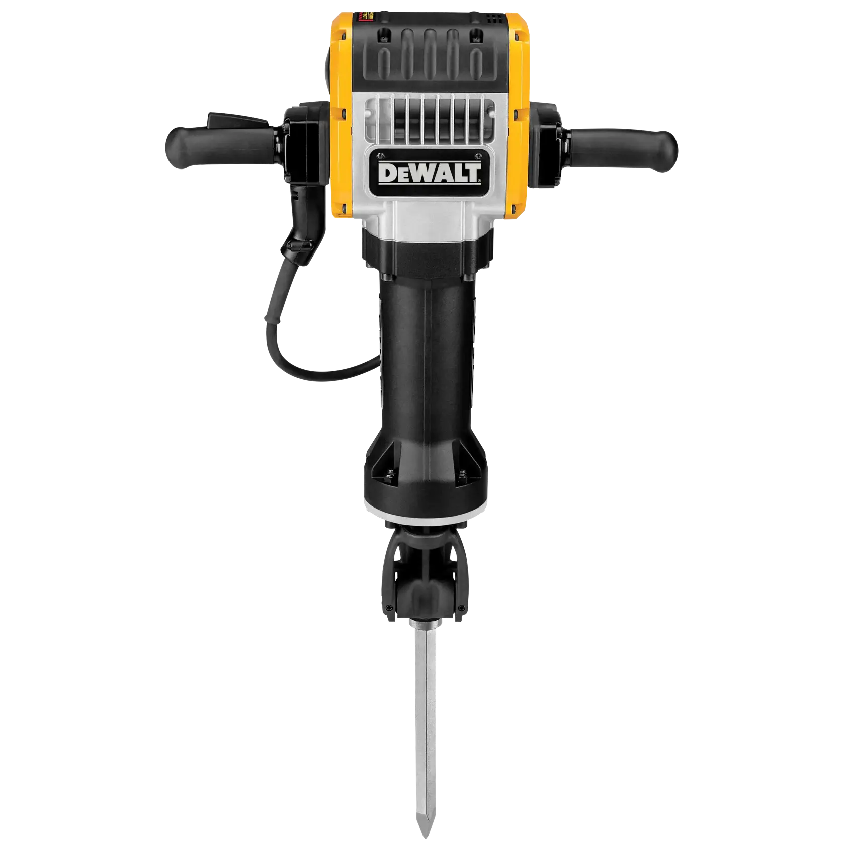 Vista frontal de un martillo demoledor eléctrico DEWALT con dos mangos negros y una punta de cincel.