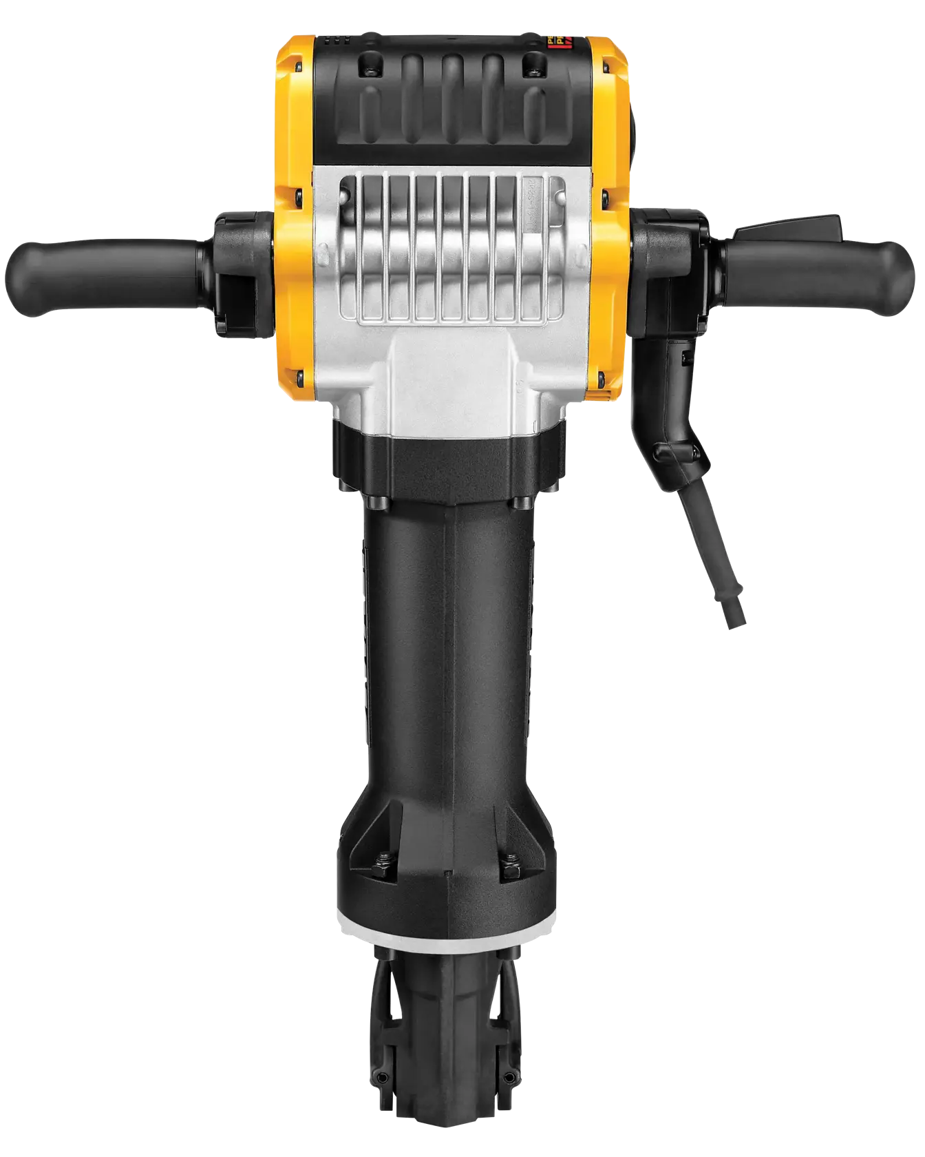 Vista frontal de um martelo demolidor elétrico DEWALT, com corpo amarelo e preto, duas alças e um corpo metálico robusto.