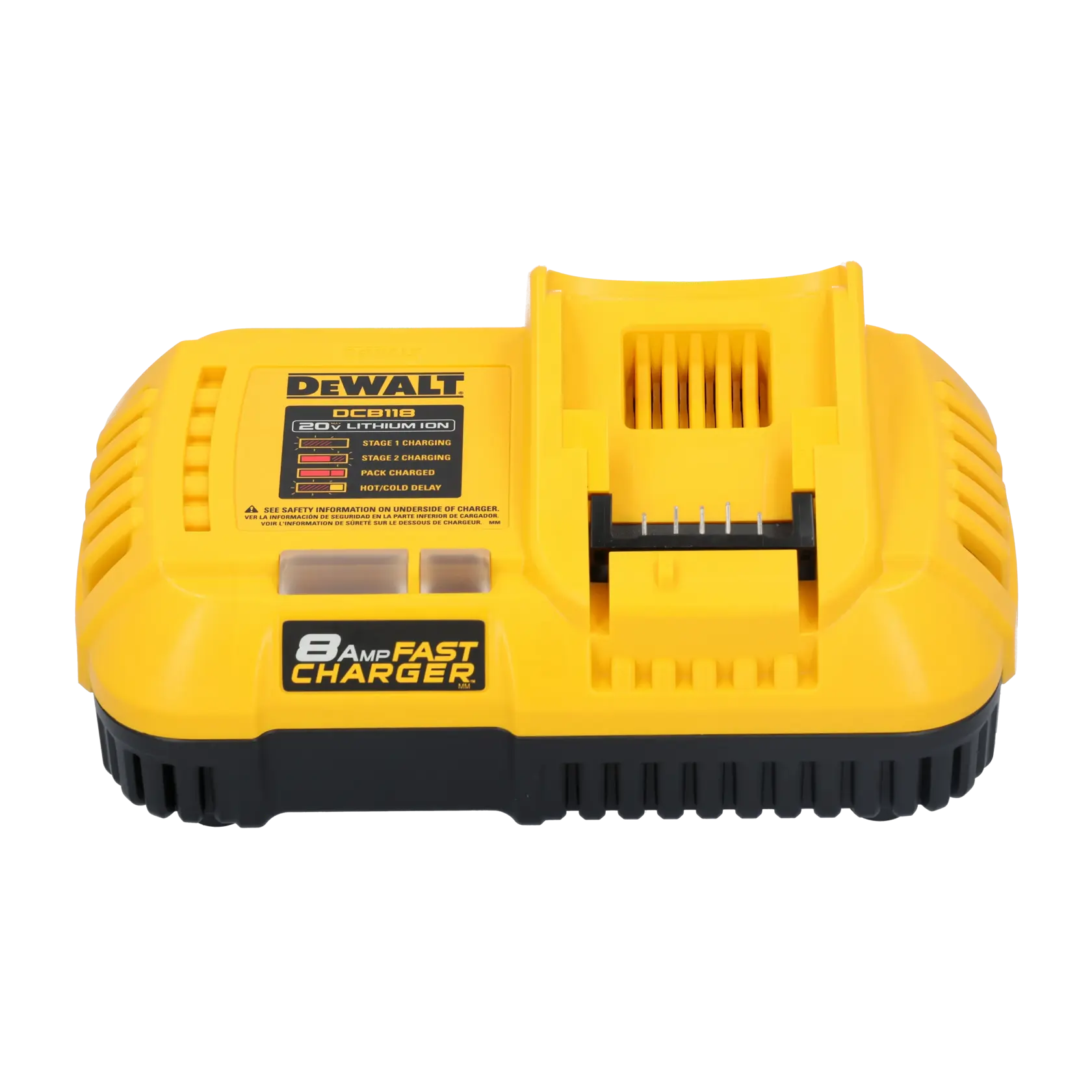 Un cargador rápido de batería de ion de litio DEWALT DCB118 de 20V, con un diseño llamativo amarillo y negro y la etiqueta '8 AMP FAST CHARGER' en el frente.